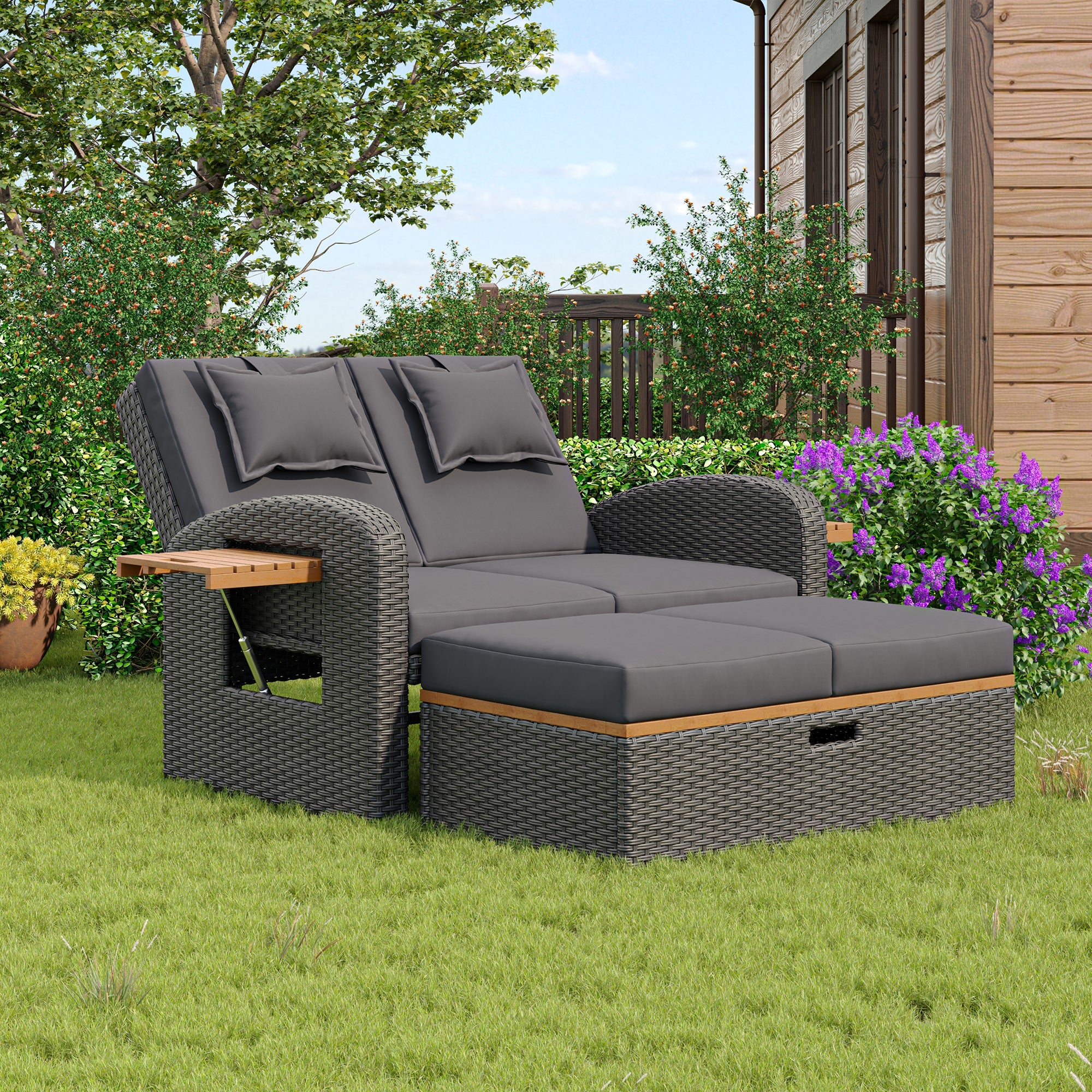 Garden Lounge Chair Set 2-Person Adjustable Back Convertible Bed - Grey Rattan