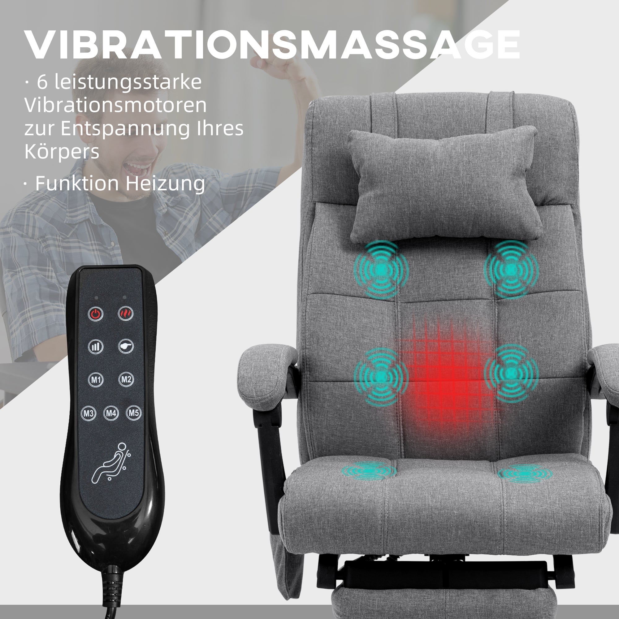 Office Chair, Ergonomic Massage Lumbar Heating Footrest Headrest Adjustable, Polyester Grey