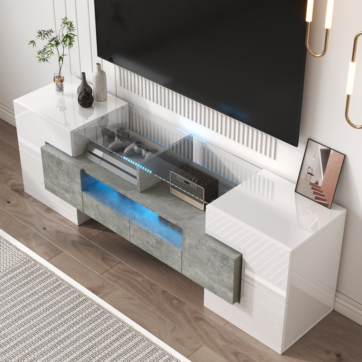 TV Cabinet Lowboard 145cm LED Lighting Modern High-Gloss White