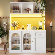 Kitchen Cabinet, Tall Display Buffet Sideboard with LED Lighting and Adjustable Shelves, White/Black