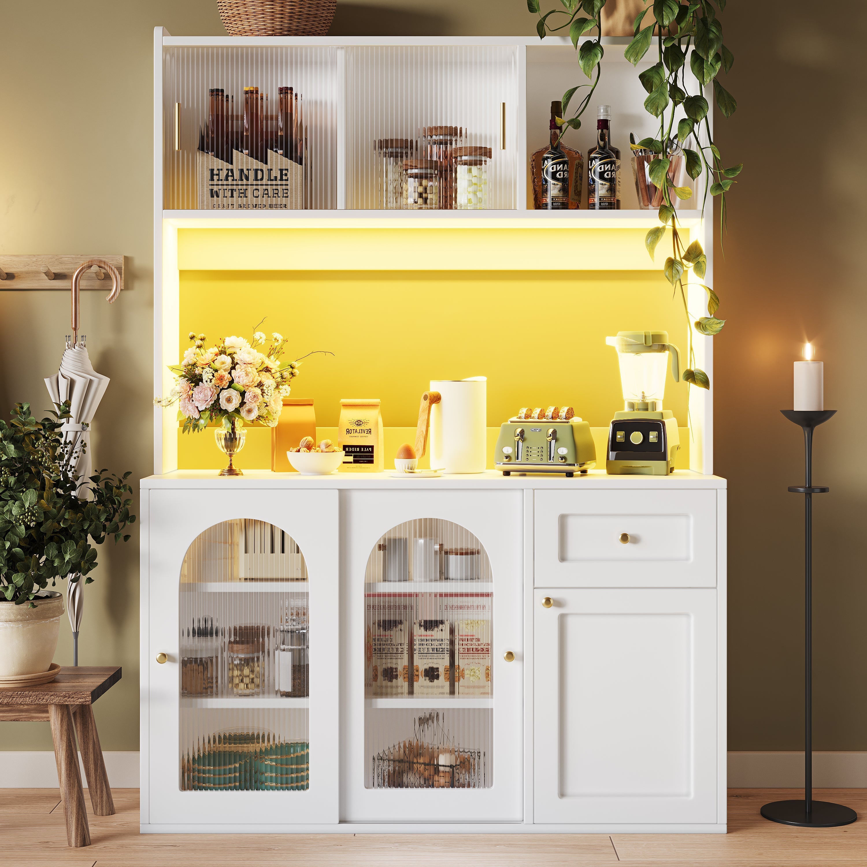 Kitchen Cabinet, Tall Display Buffet Sideboard with LED Lighting and Adjustable Shelves, White/Black