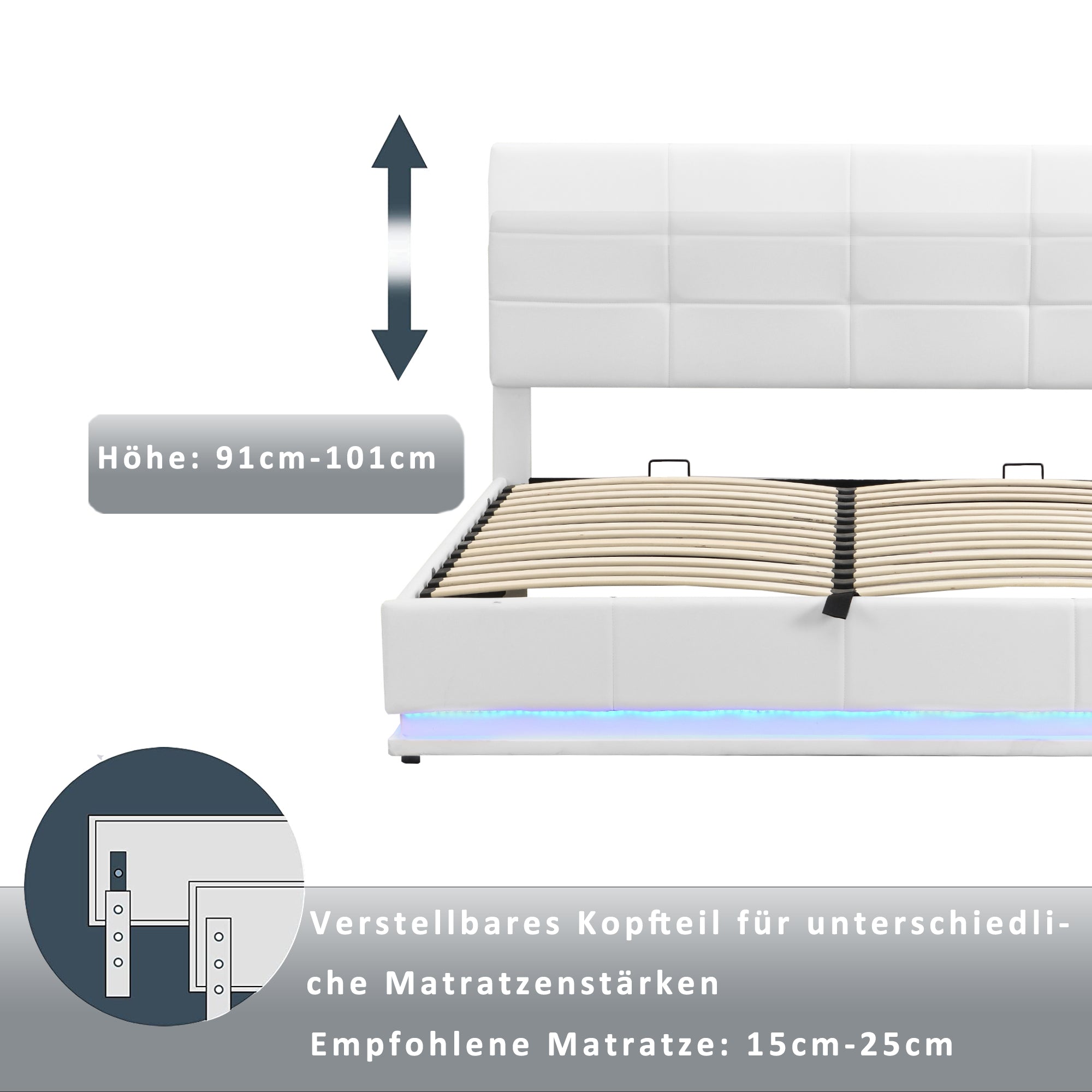 Upholstered Double Bed with LED Light Strip, 180 x 200 cm, White/Gray Faux Leather