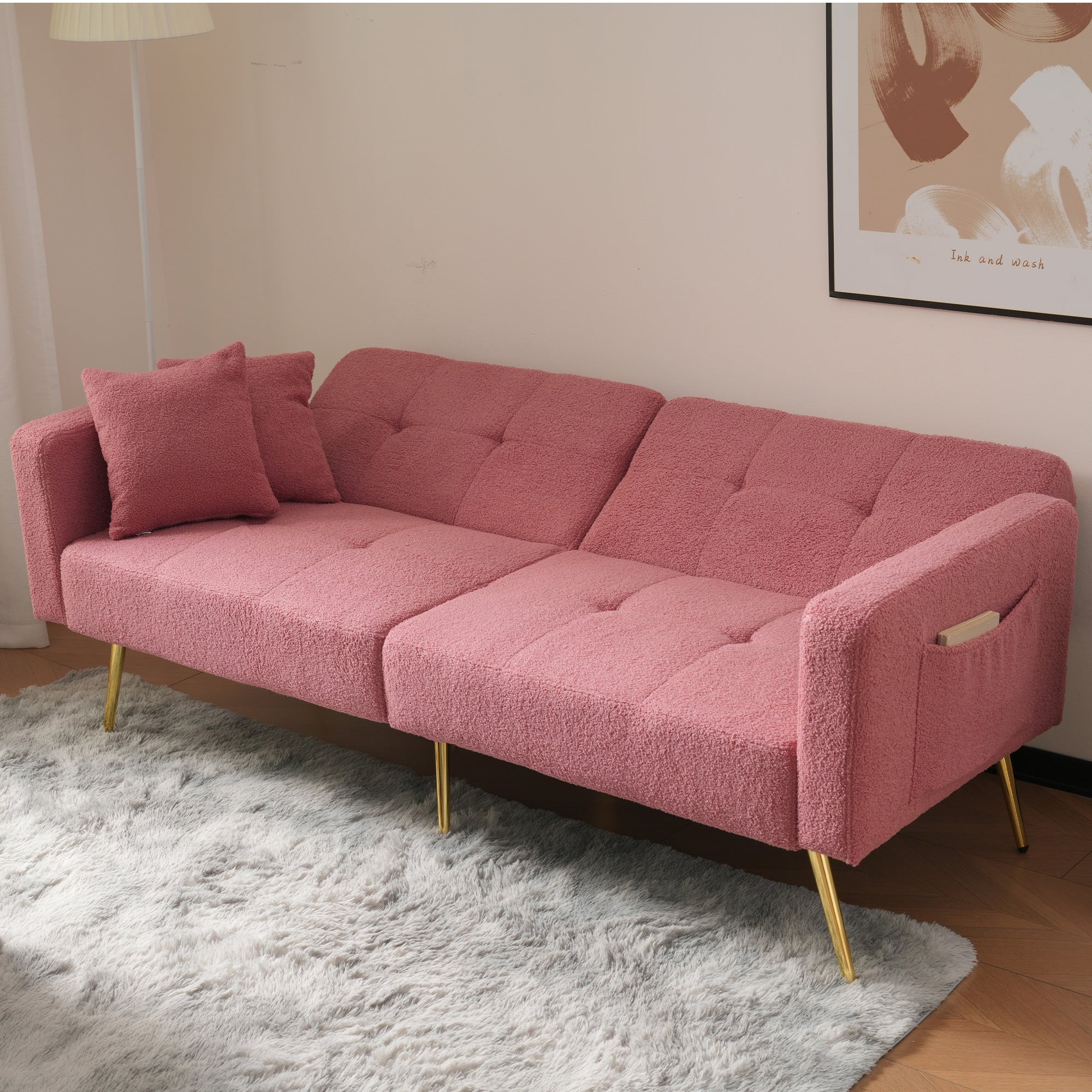 Sofa Bed, 3 Adjustable Backrest Angles, Gold Legs, Cushions & Side Storage Pockets