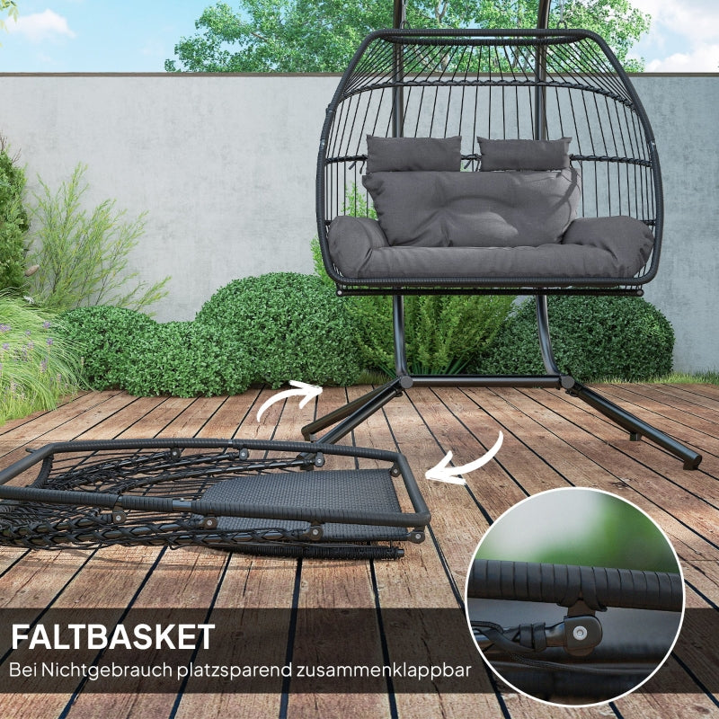 Hanging Chair with Frame, Foldable Basket with Cushion, Ergonomic Swing for 2 people, 260 kg capacity, Dark Gray