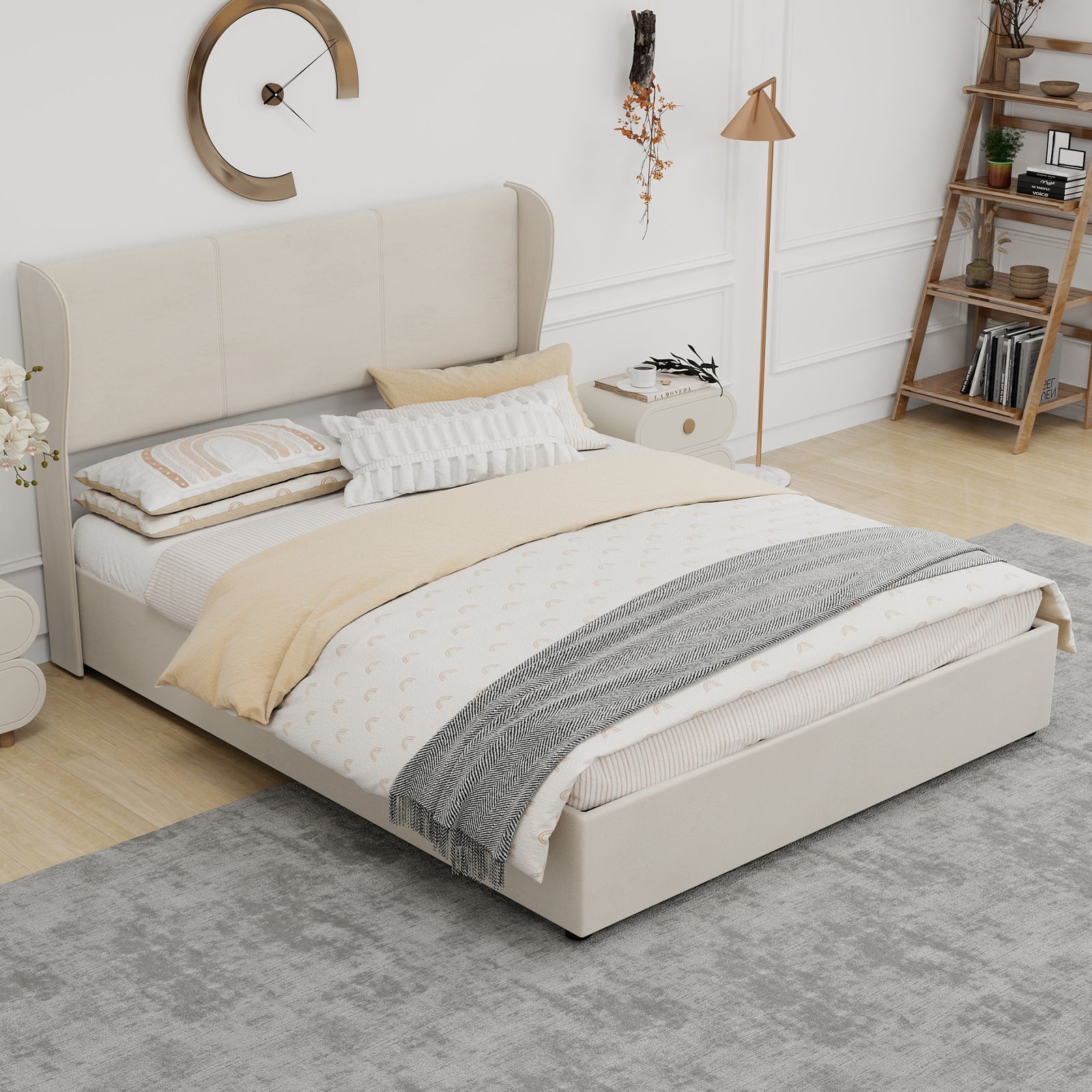 Upholstered Bed 160x200cm Gas Lift Storage Soft Headboard - Beige