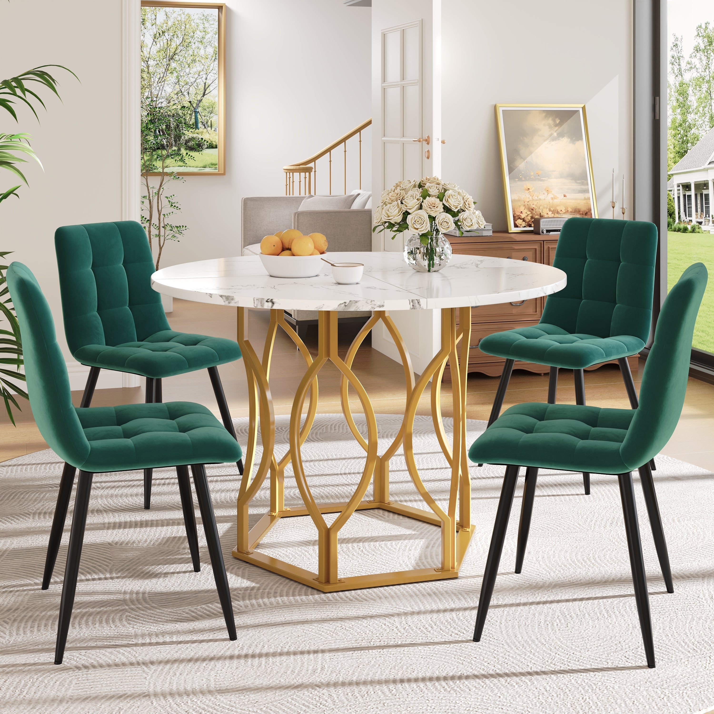 Dining Table Set 5-Piece Round 100cm Gold Metal Legs White MDF Dark Green Velvet