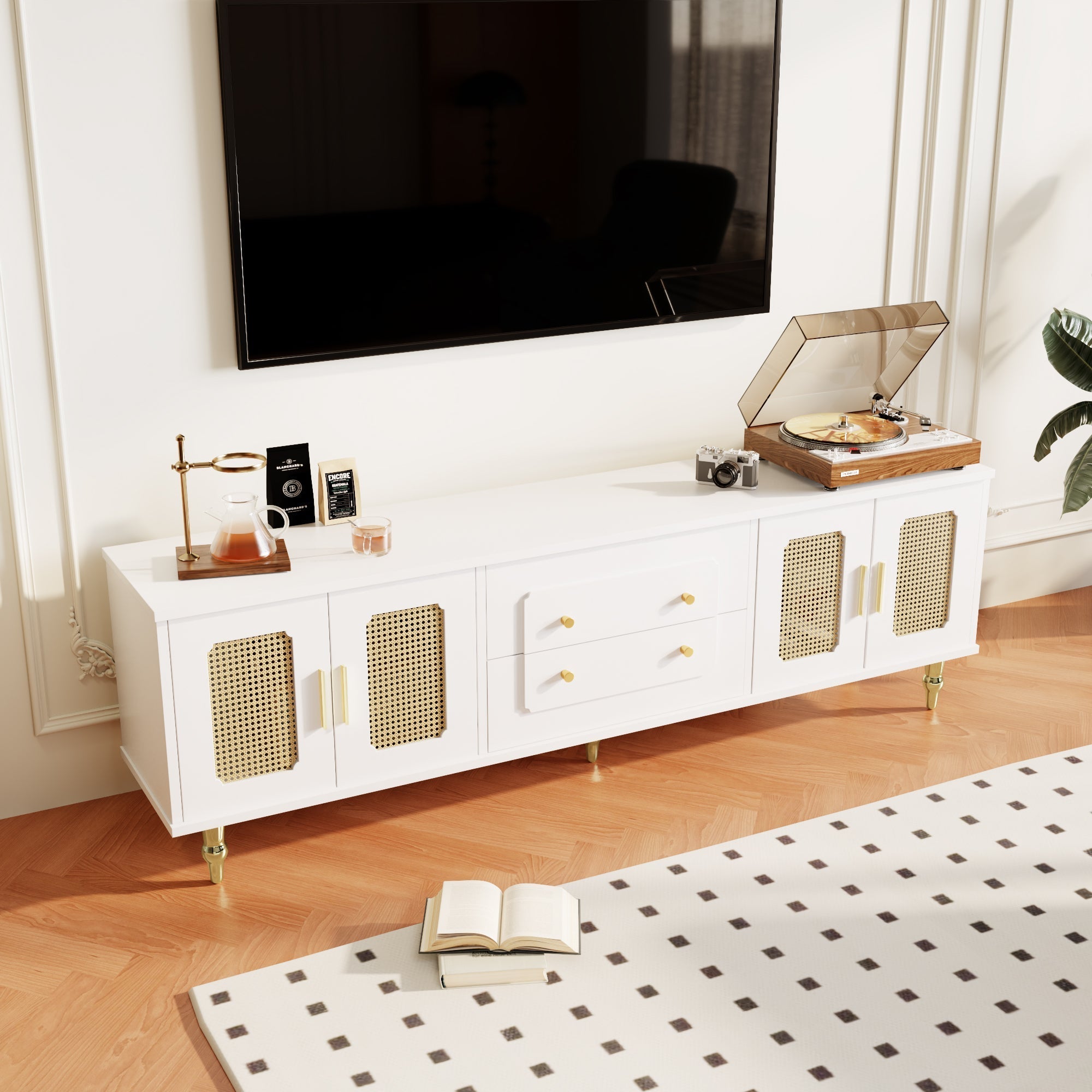 TV Cabinet, Retro Lowboard with Rattan Door & Gold Handles, Metal Legs