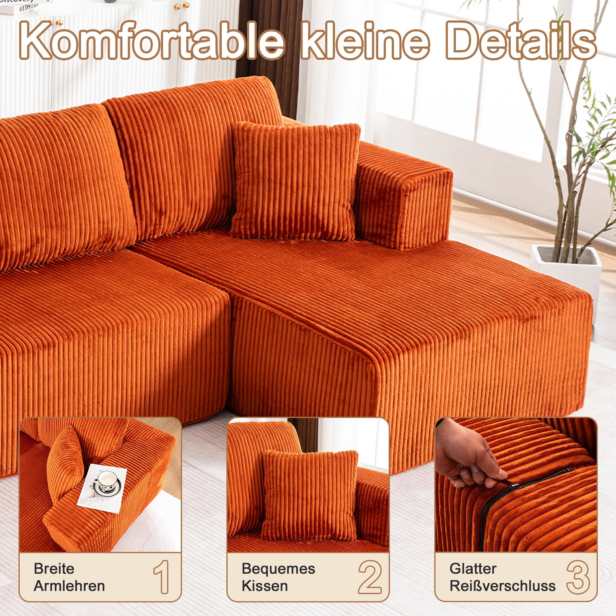 Modern U-Type Leisure Sofa with Modular Non-Assemblable Design and Lounge Chairs, Lamp Fabric