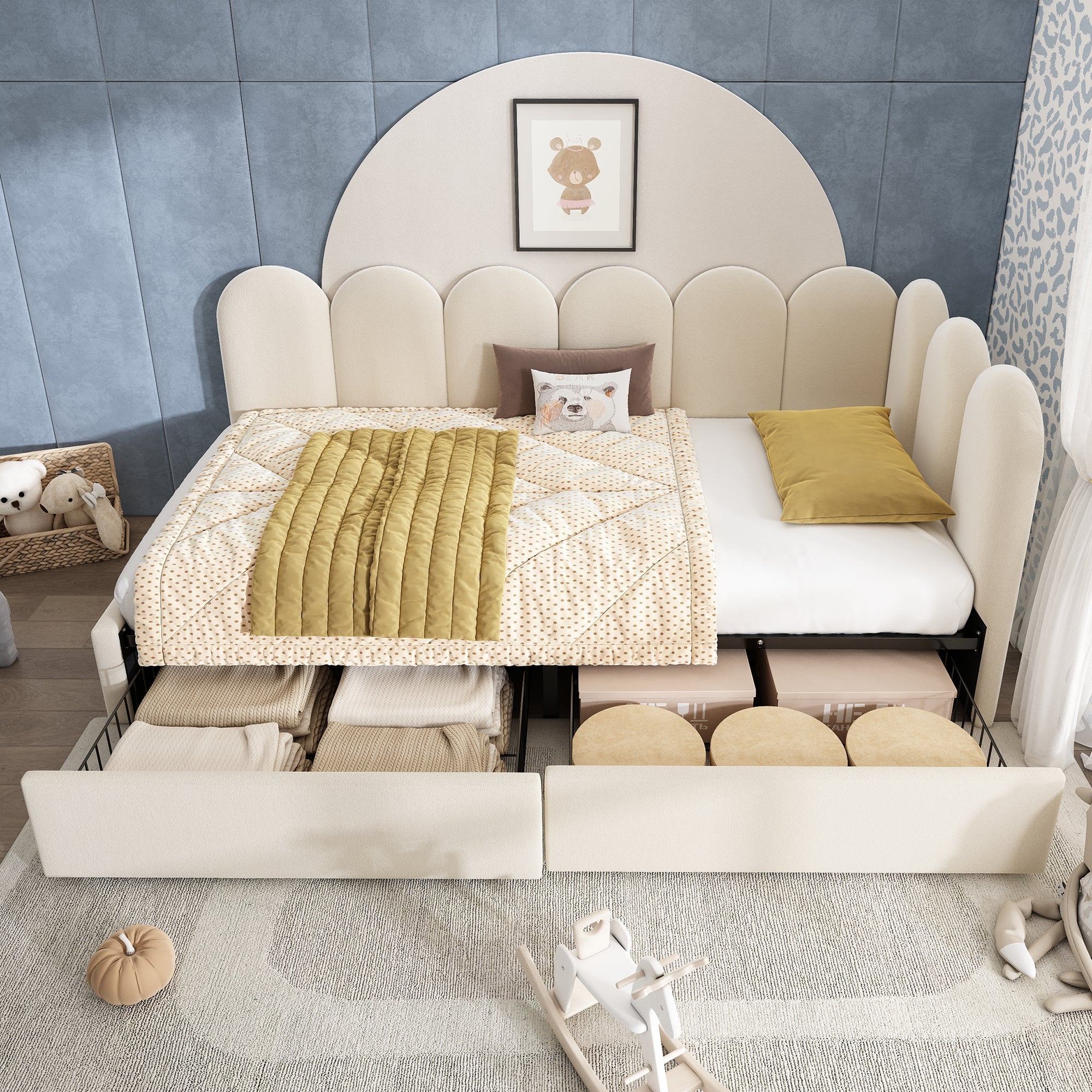 Upholstered single bed with drawers, storage bed in velvet, daybed / sofa bed, 90 × 190 cm, with slatted base, suitable for teenagers and adults, children’s bed, beige (mattress not included)
