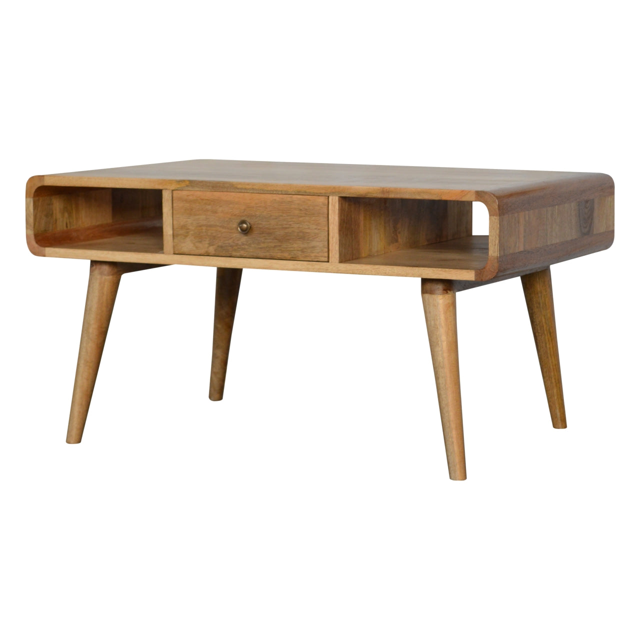 Solid Wood Curved Coffee Table, 2 Drawers and 2 Open Slots, Brown