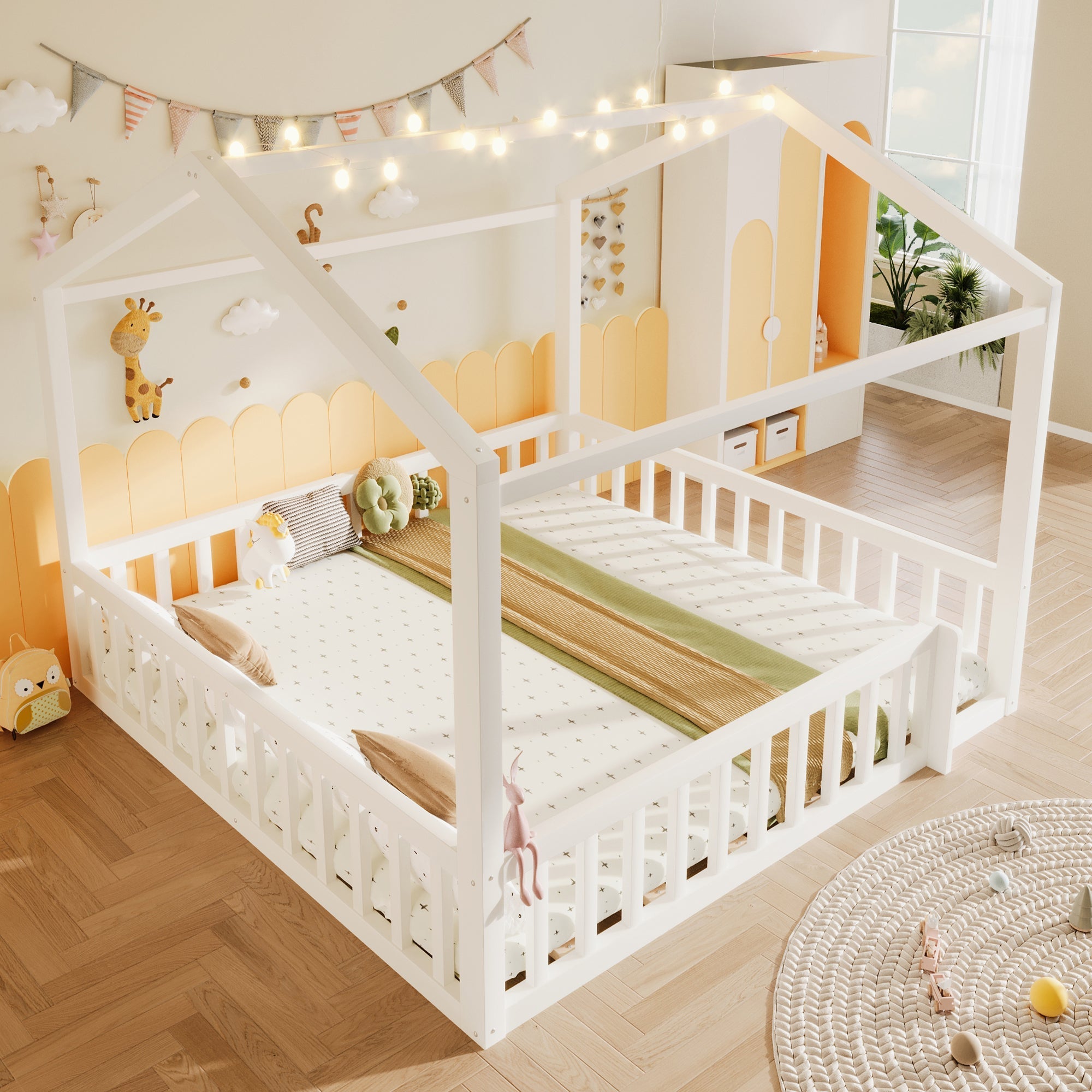 Flatbed Convertible Children's Bed 90x190cm to 180x190cm House Rail LED Lights Pine Wood White