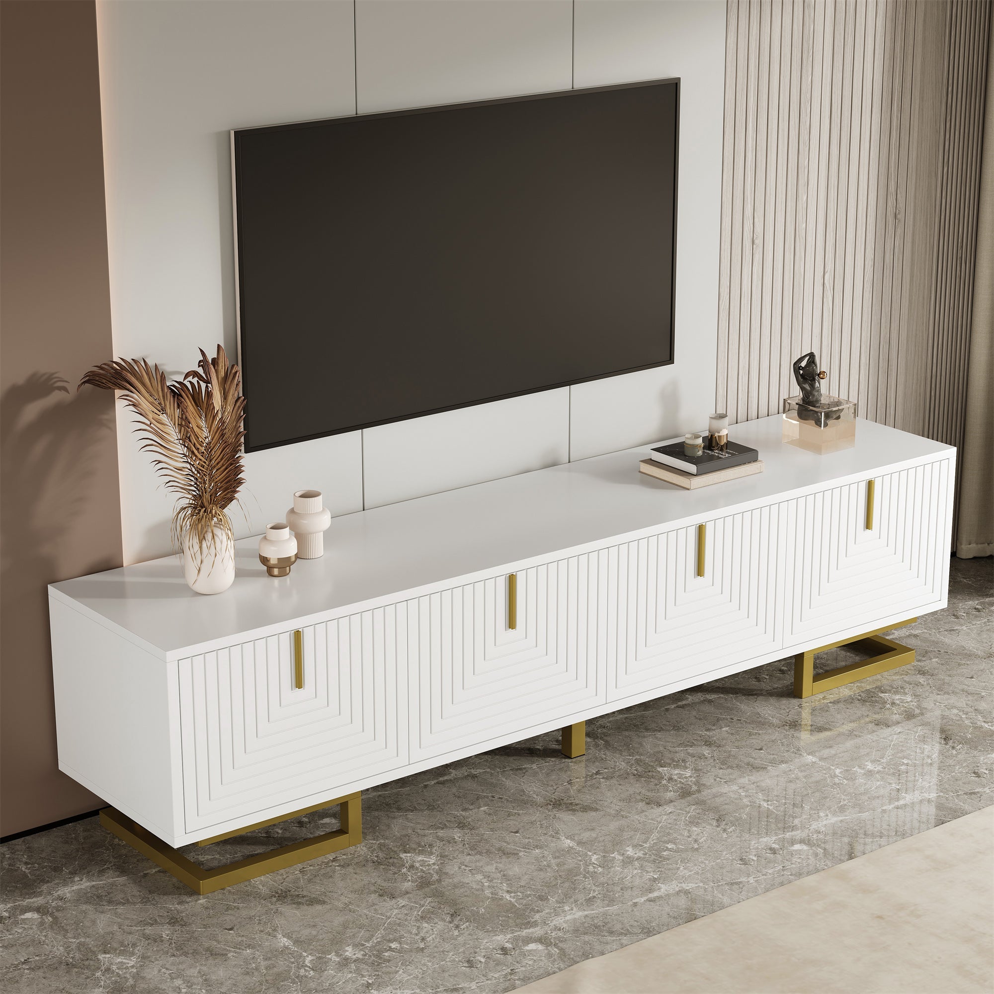 TV Cabinet, TV Stand with Textured Doors, Golden Handles and Golden Legs