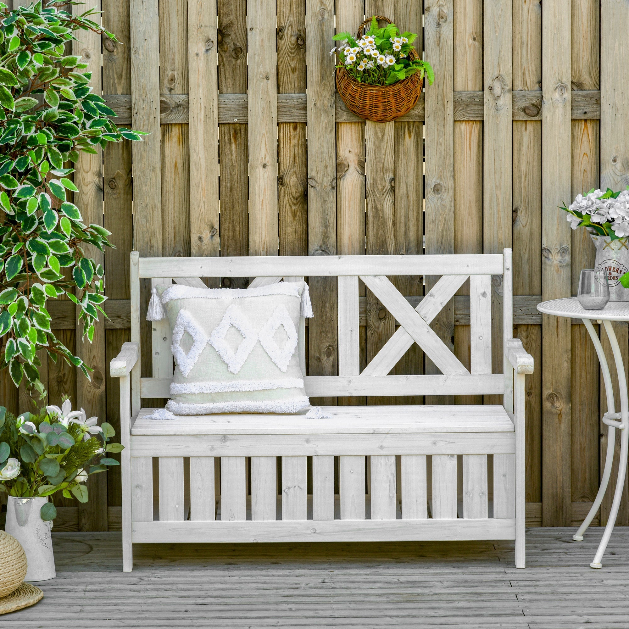 2-Seater Garden Bench, Storage High Back/Armrests Weatherproof, Fir Wood