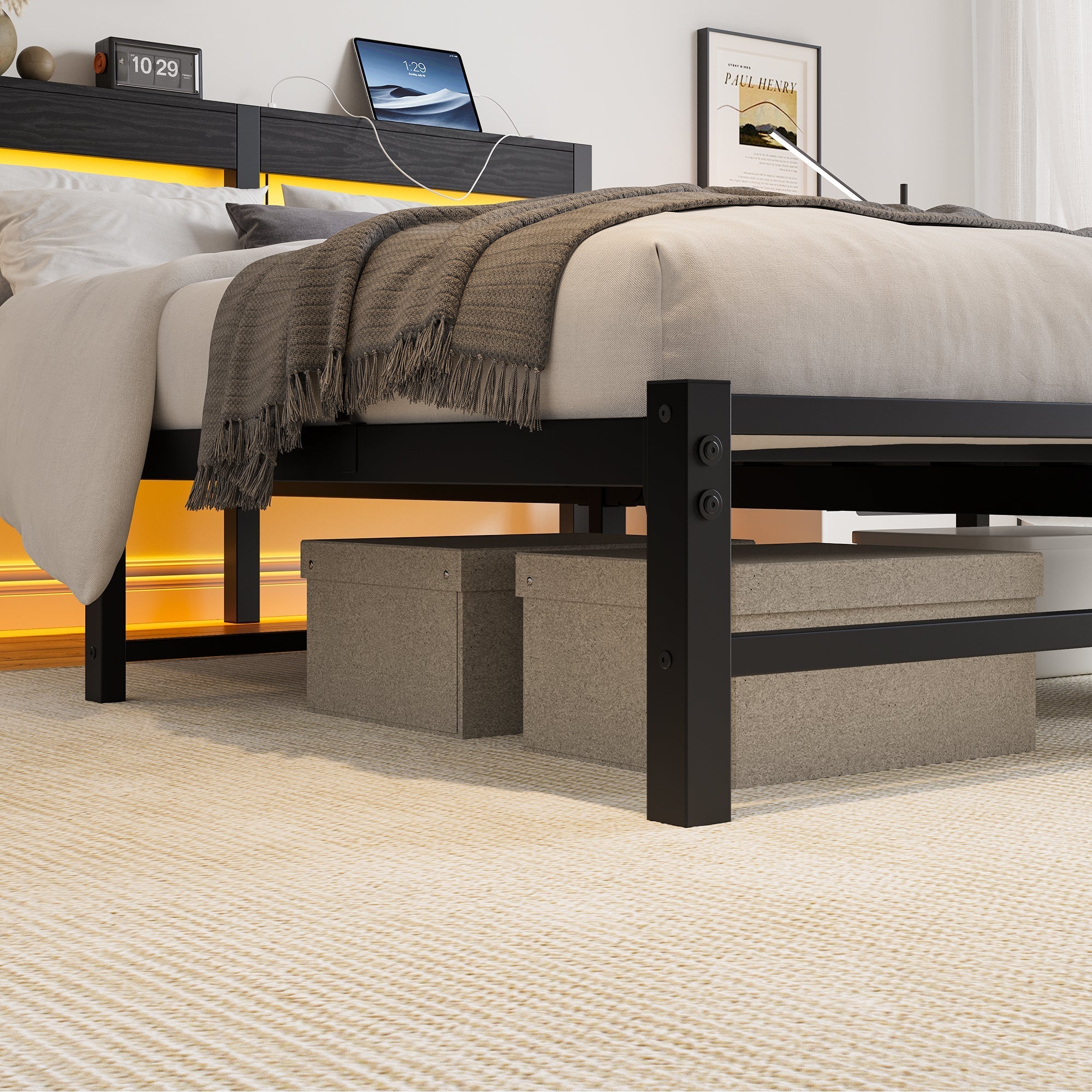 Metal Bed Frame 140x190cm LED USB Charging Storage - Metal