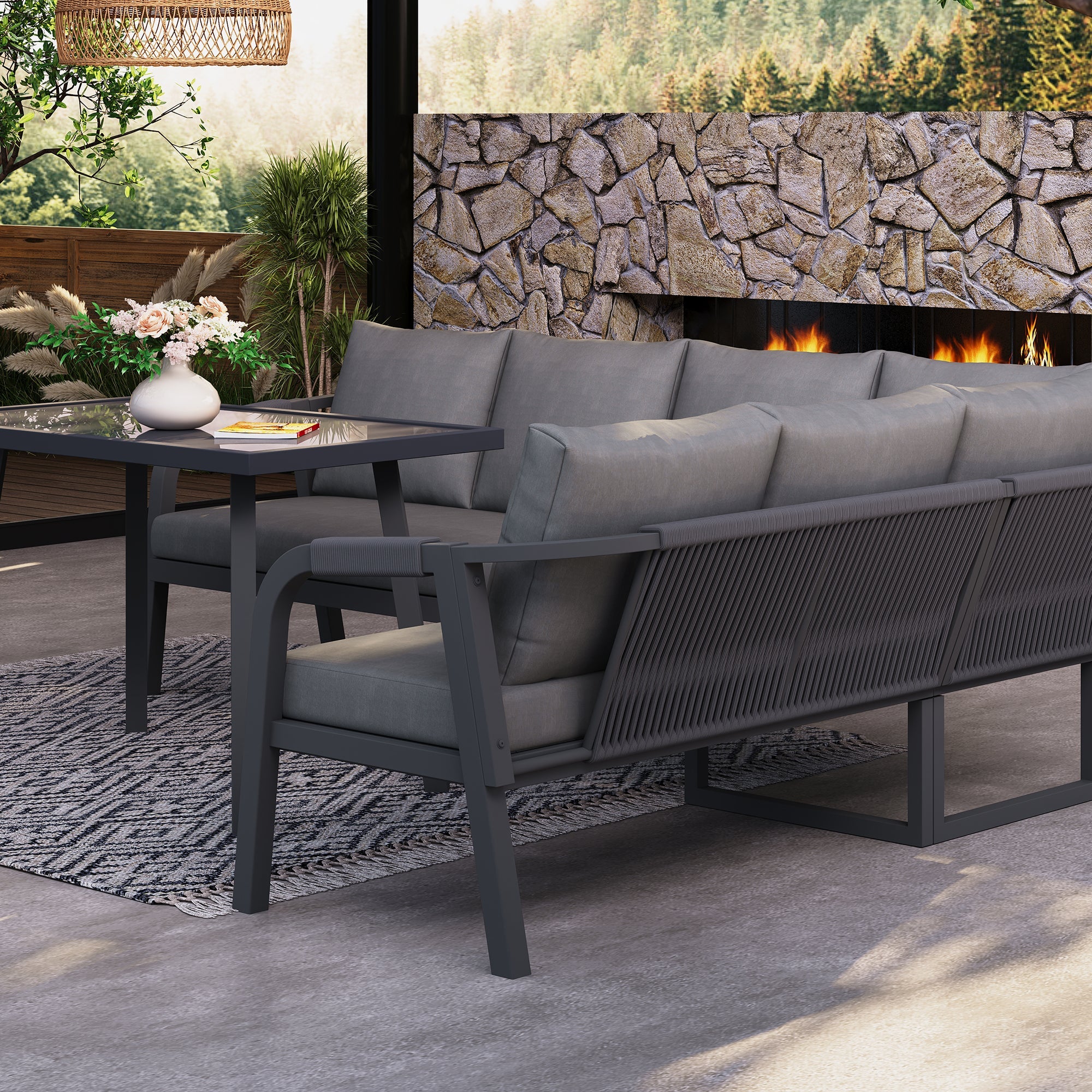 Garden Dining Set, Seats 6 with Corner Sofa and Dining Table, Grey Wicker and Galvanized Steel