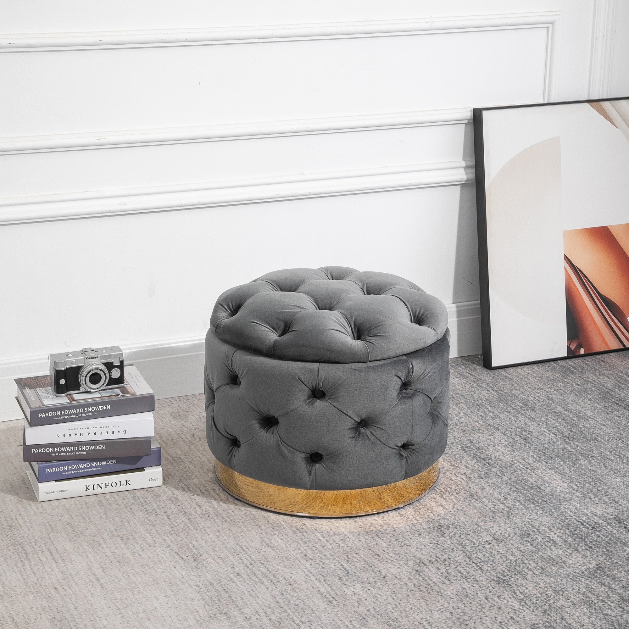 Vintage stool with storage, upholstered, charcoal gray
