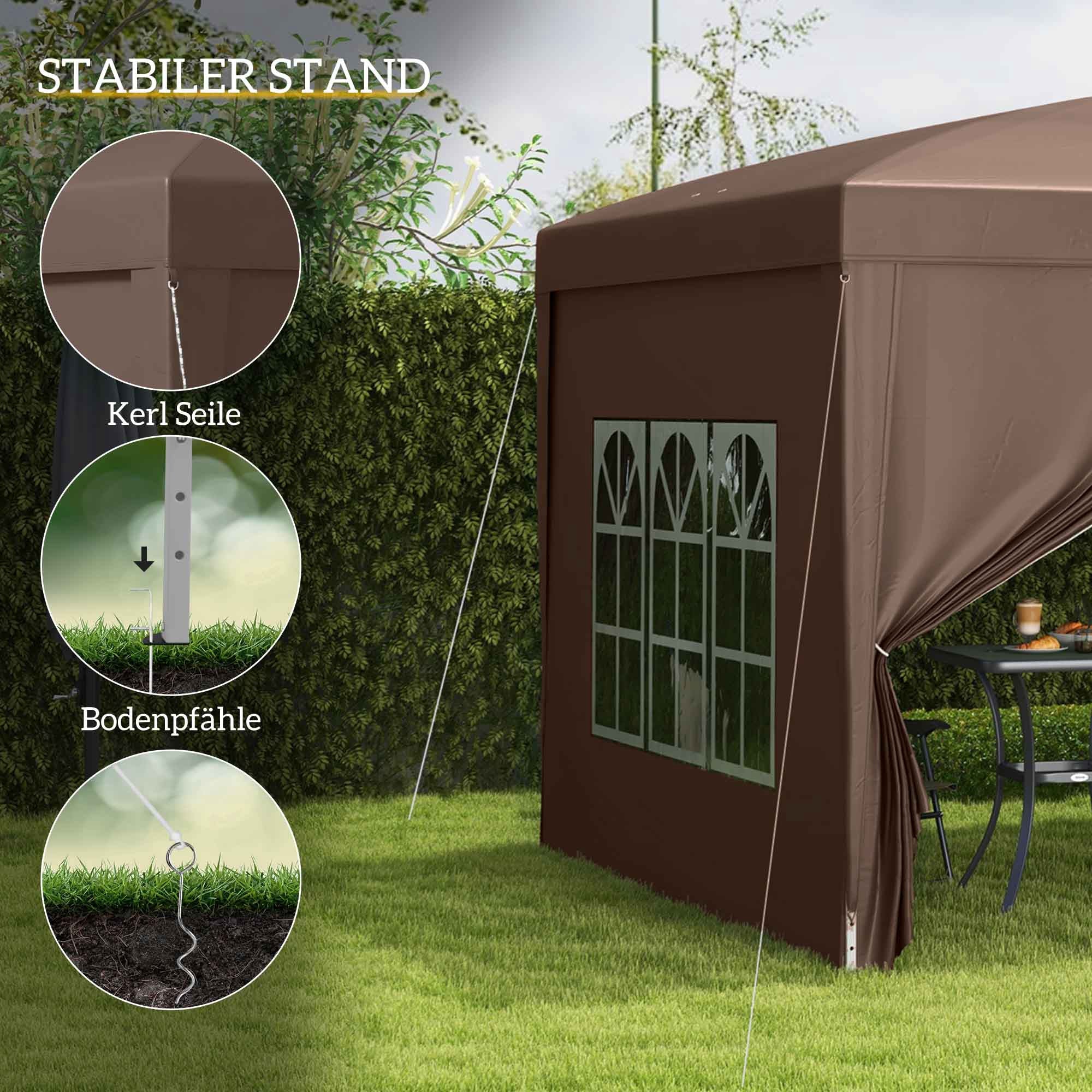 Gazebo 3x3m, Water-Repellent Stable Pop-Up with 4 Side Panels, Coffee