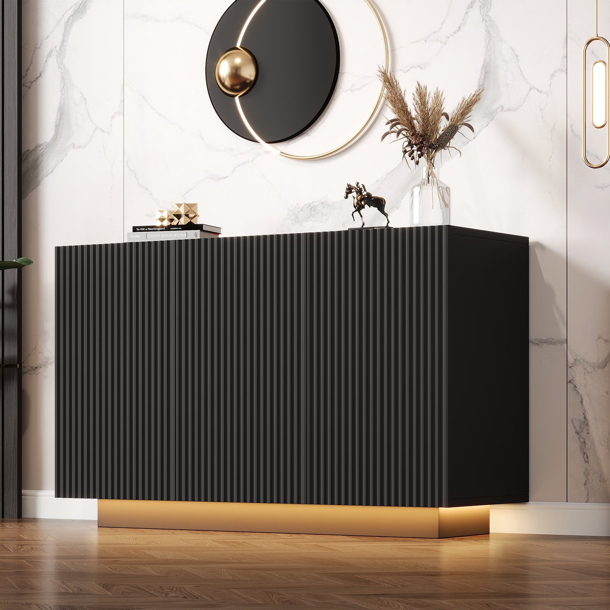 LED Chest of Drawers, Modern Design Sideboard with Lighting, 120cm, Black Marble Look