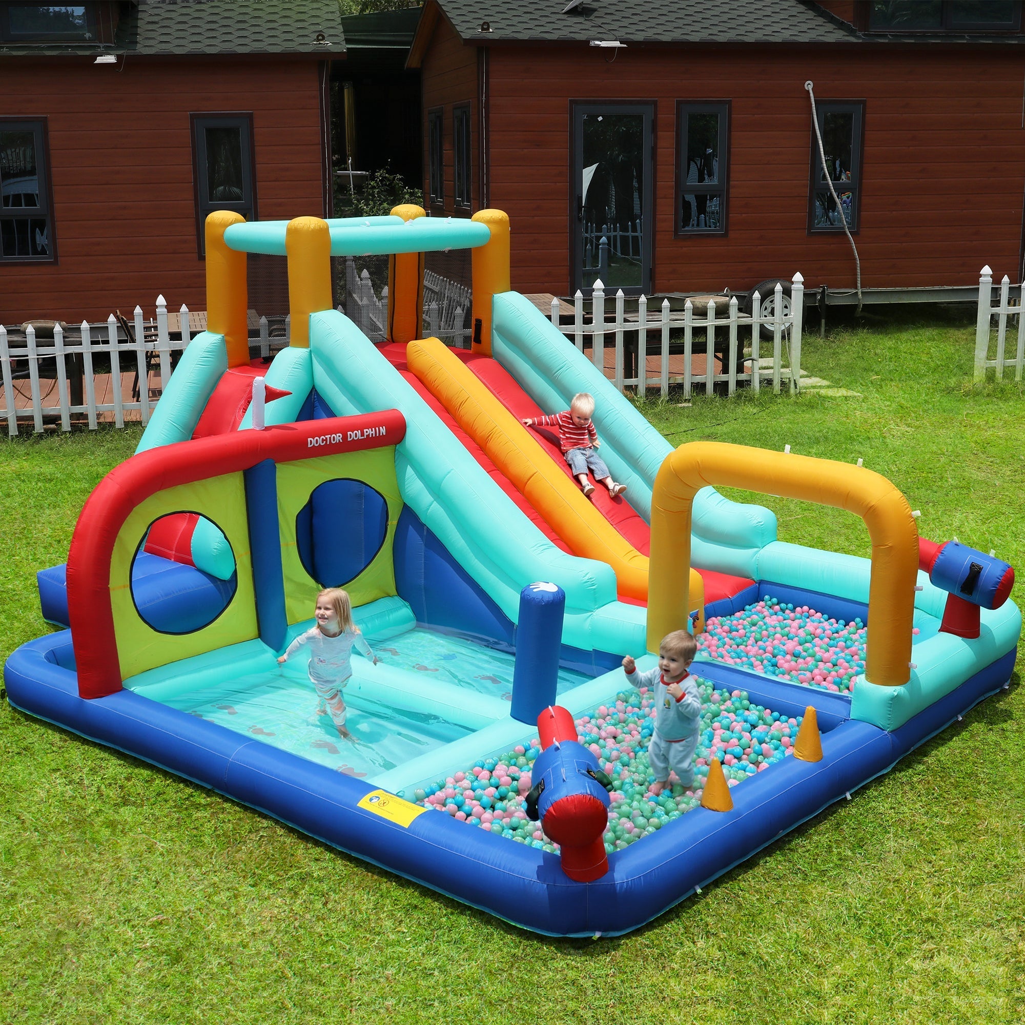 Children's Bouncy Castle Water Park, Multifunctional Double Slide & Climbing Wall, with Blower, Outdoor