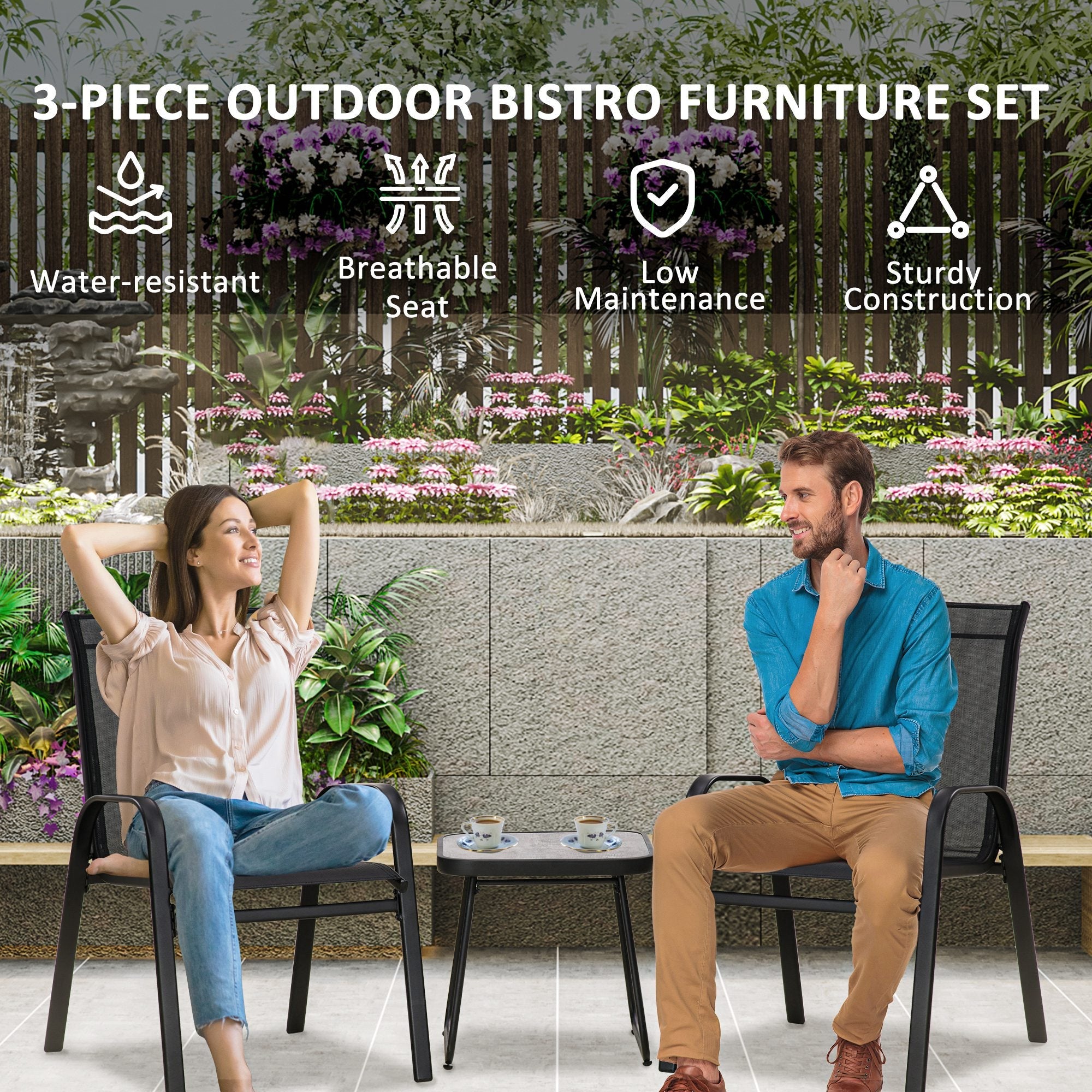 3 Pieces Outdoor Bistro Set, Stackable Armchairs with Coffee Table, Black