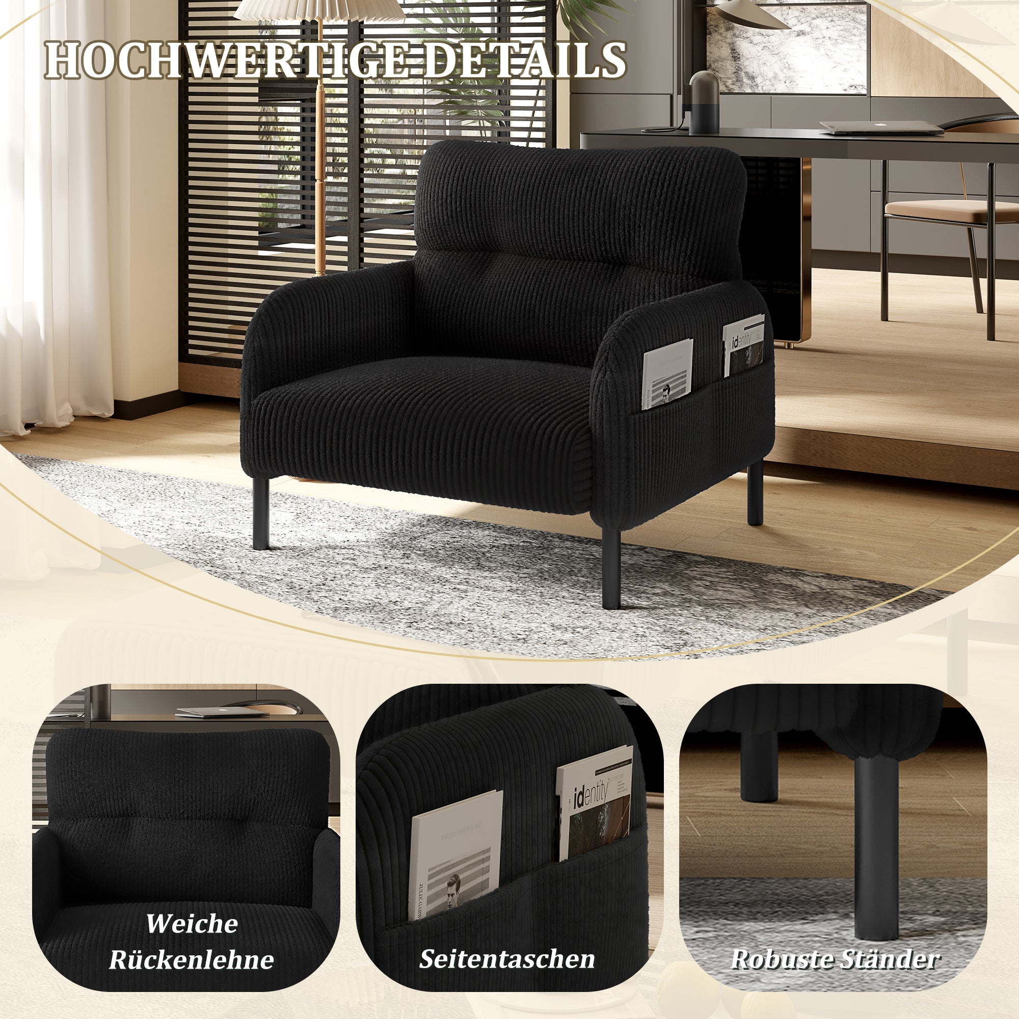 Sofa/Chair Comfortable with Side Pockets, Solid Structure - Velvet Fabric