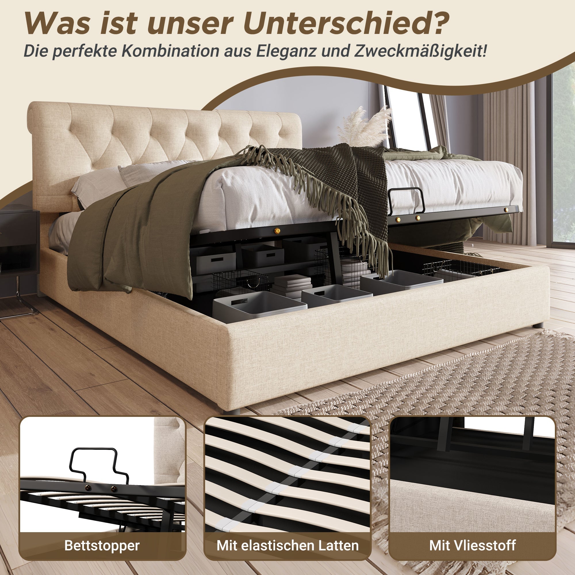 Hydraulic Upholstered Bed, 140x200cm Adjustable Headboard with Storage, Natural