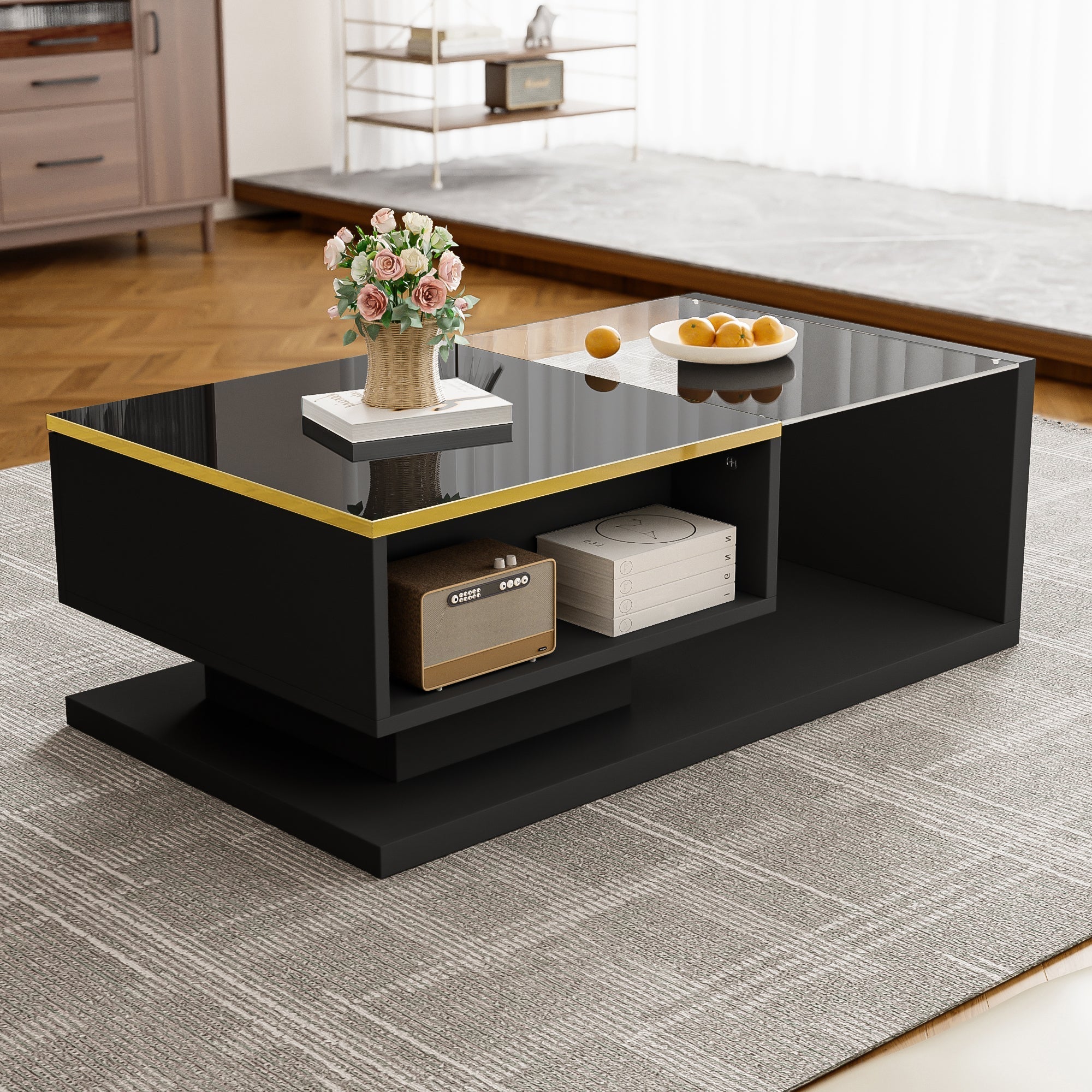 Coffee Table 90cm Long, High-Gloss Black with Glass & LED