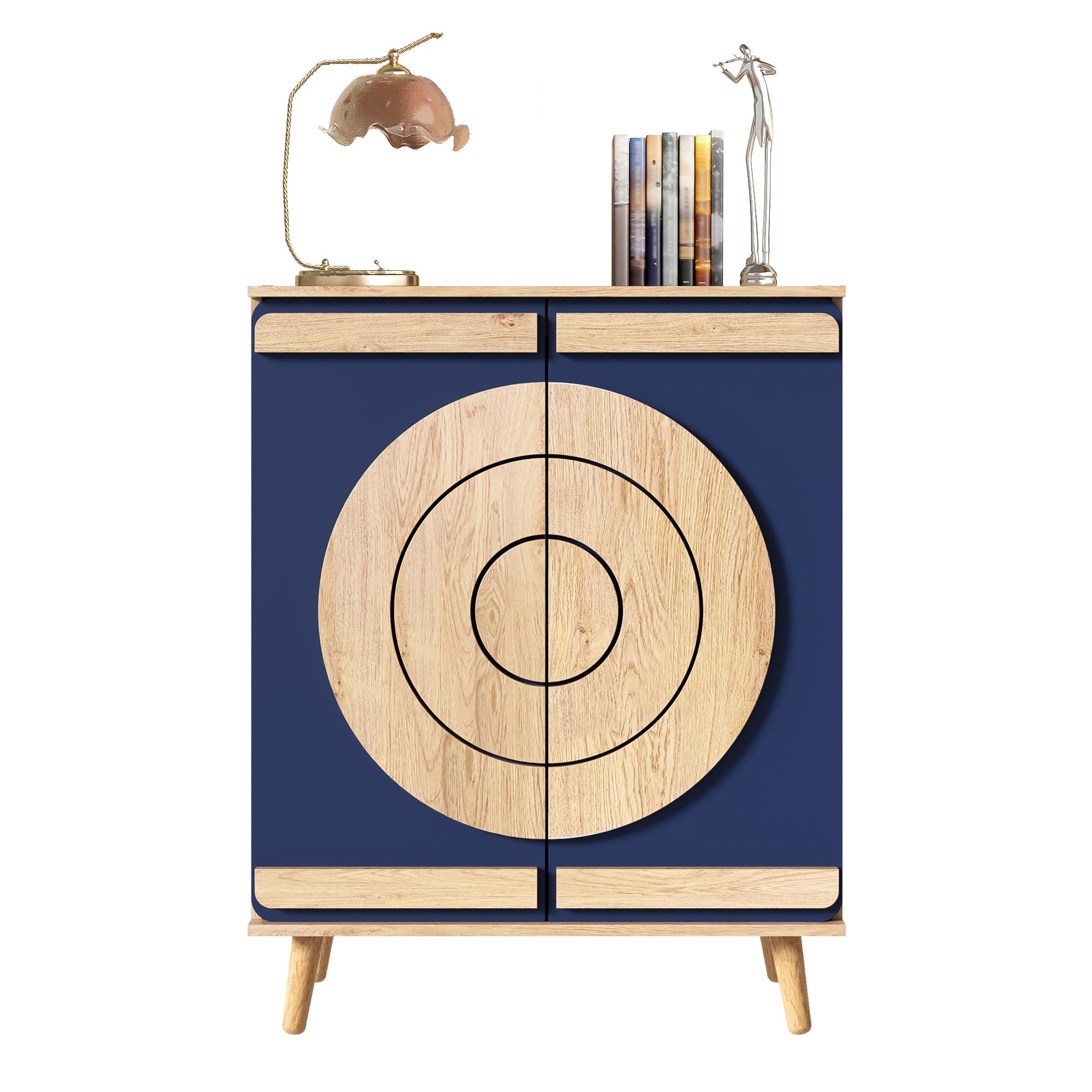 Modern Shoe Cabinet with Geometric Doors and Multi-Level Storage, Blue and Natural