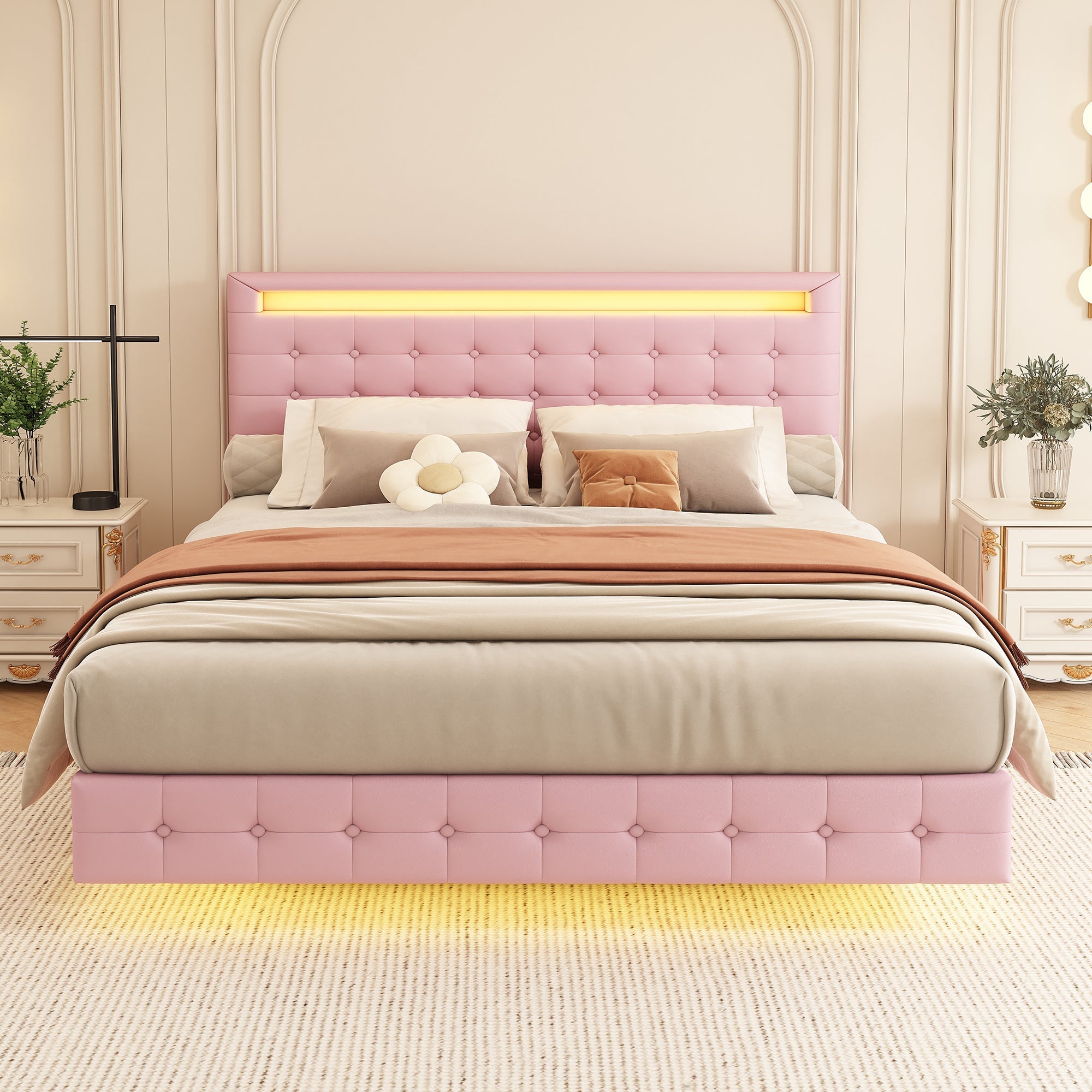 Flatbed 140x200cm LED Light Adjustable Headboard - Pink PU