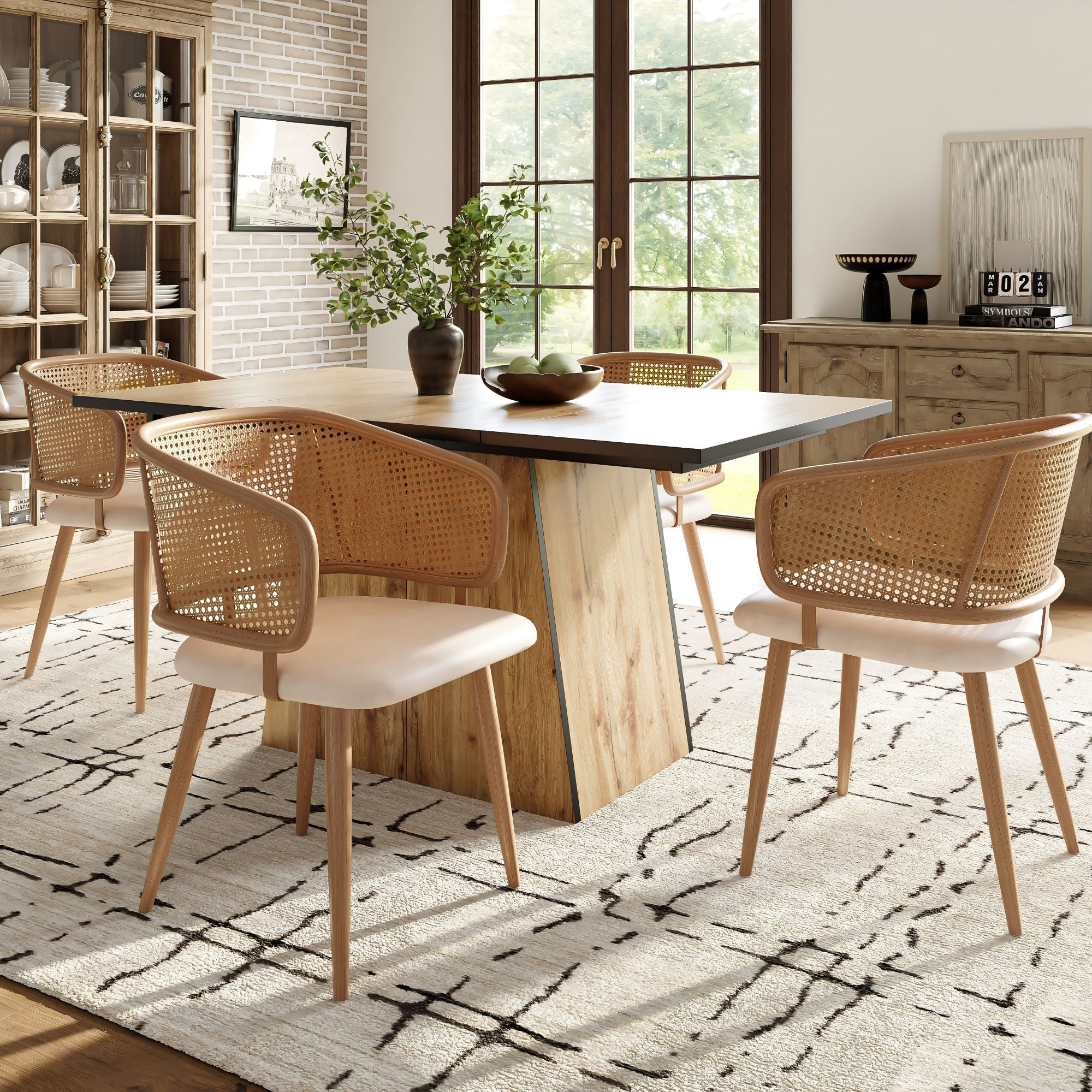 Modern Dining Chairs (2 pcs) with Rattan Backrest & PU Leather Seat, Beige