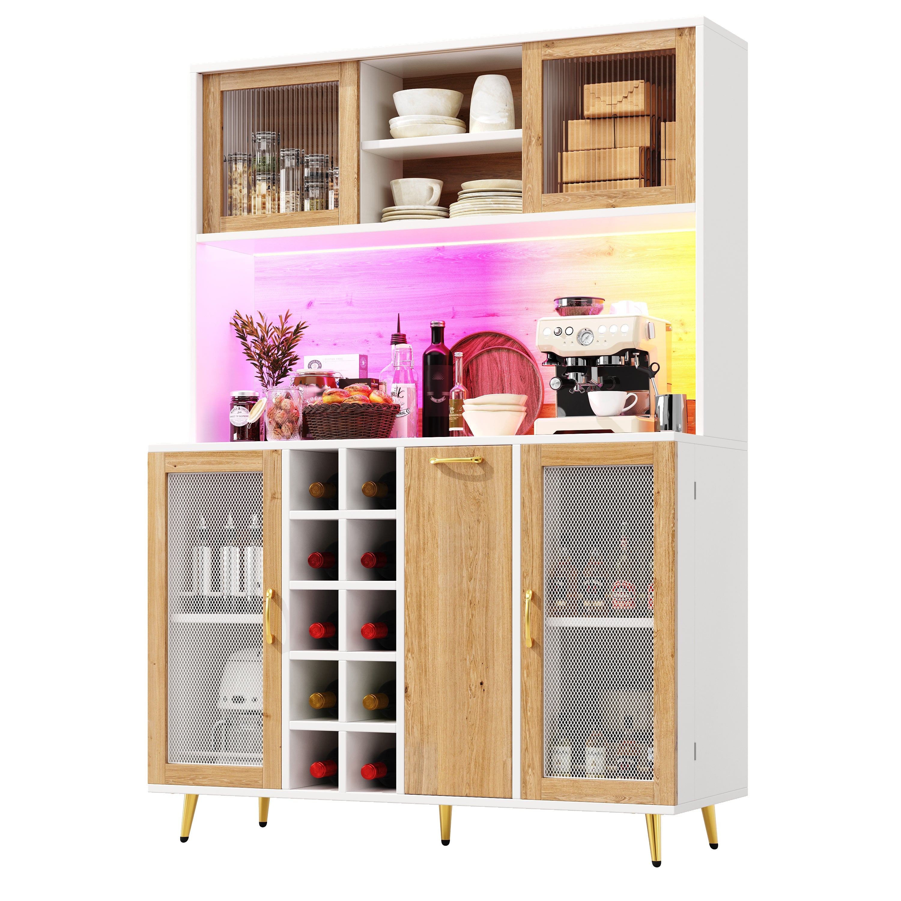 Buffet Sideboard Cabinet with LED Lighting, Wine Rack and Integrated Socket, White and Wood Look