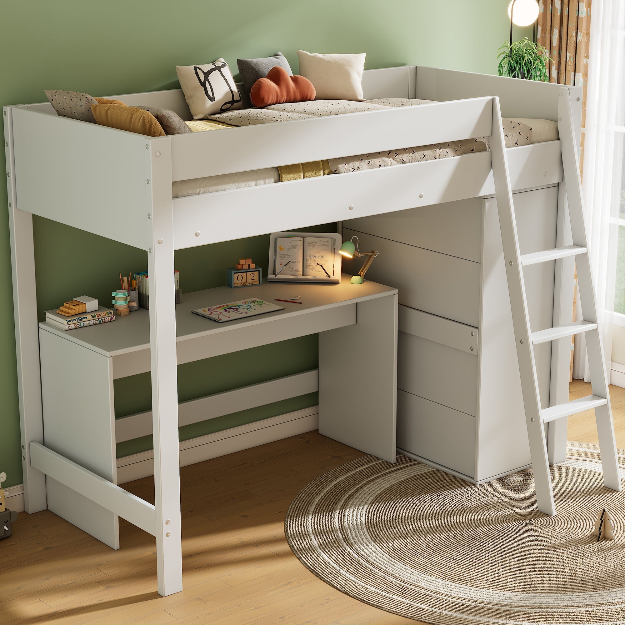 Children's Loft Bed 90x200cm Multifunctional Desk Wardrobe Solid Wood - White