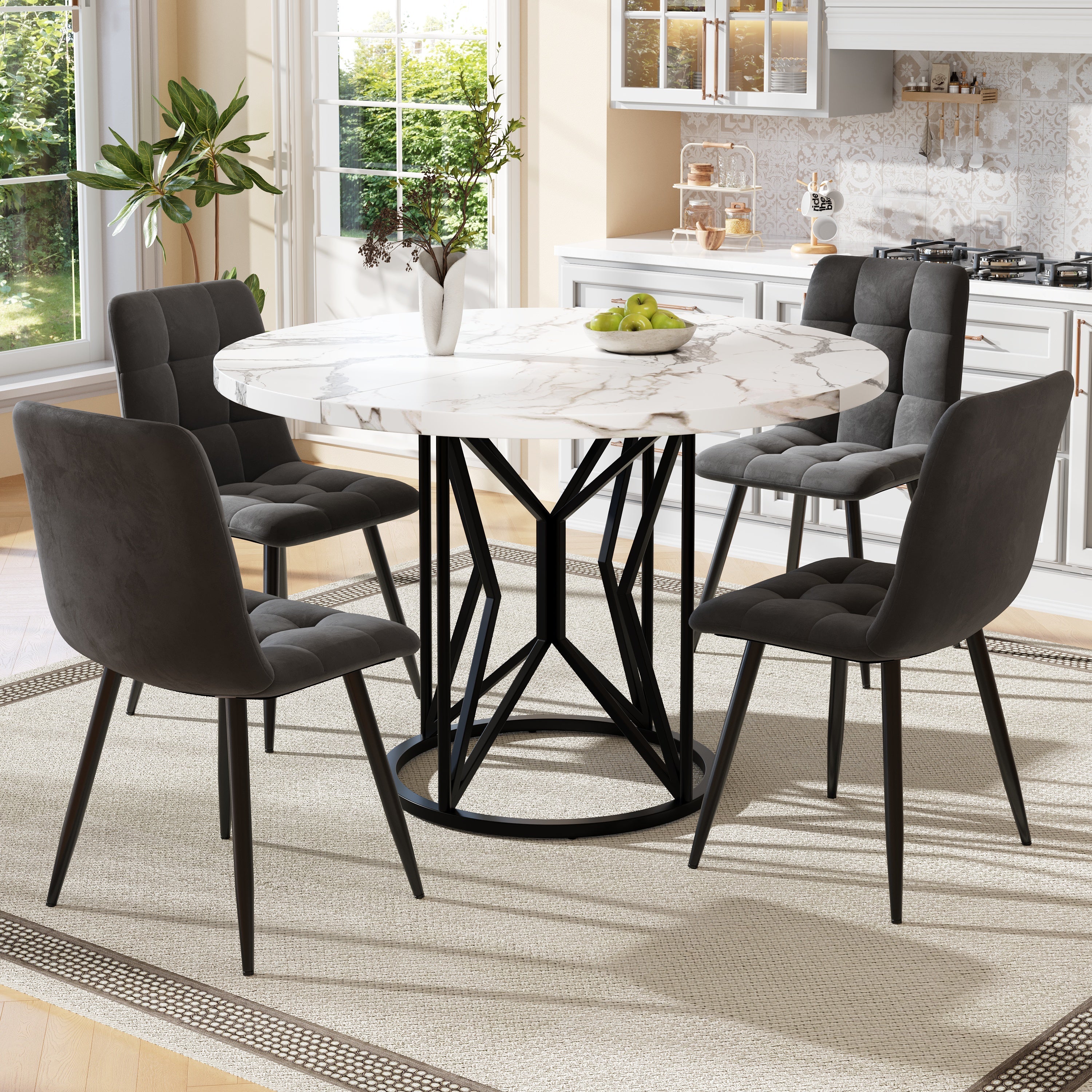 Dining Set 5-Piece Round 100cm White MDF Top - Grey Velvet Chairs