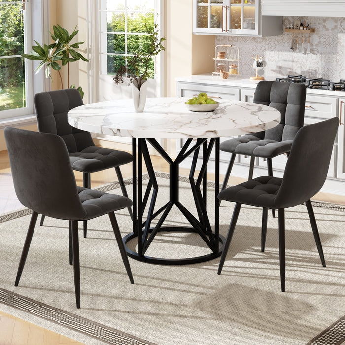 Dining Set 5-Piece Round 100cm White MDF Top - Grey Velvet Chairs