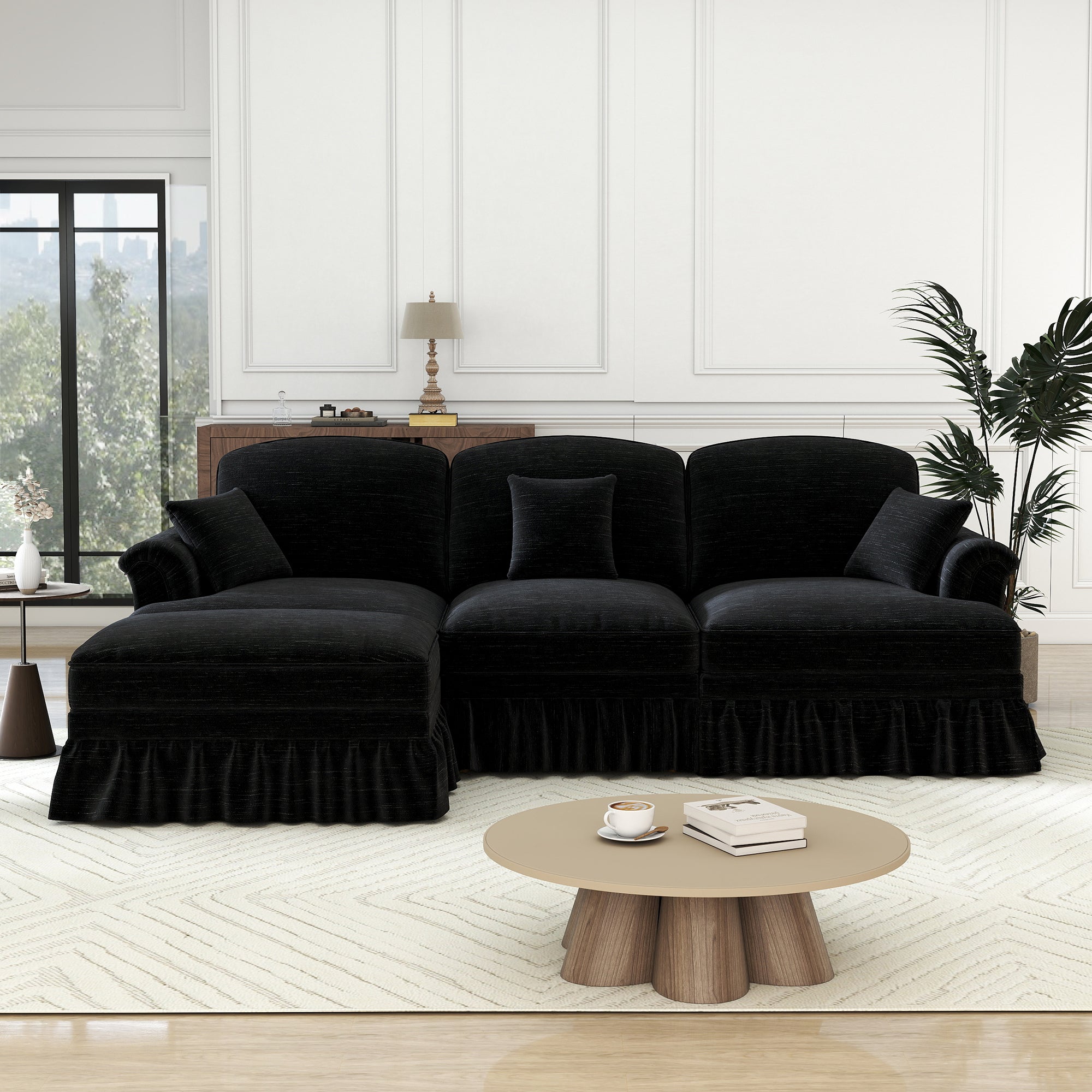 Modular L-Shaped Sofa 3-Seater Mid-Century Ottoman - Chenille Black