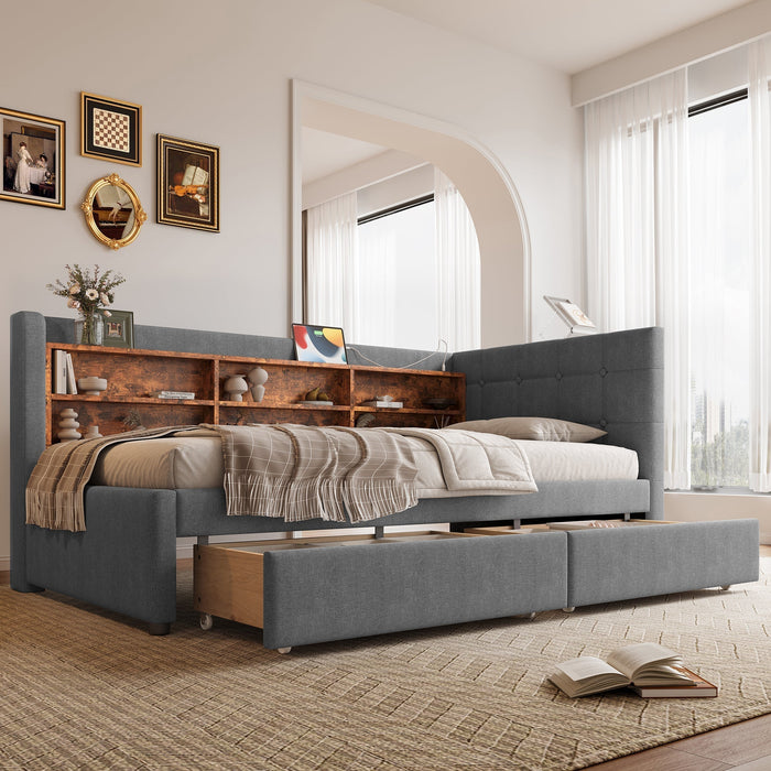Daybed Sofa Bed 90x200cm 2 Drawers USB/Type C Storage - Linen Grey