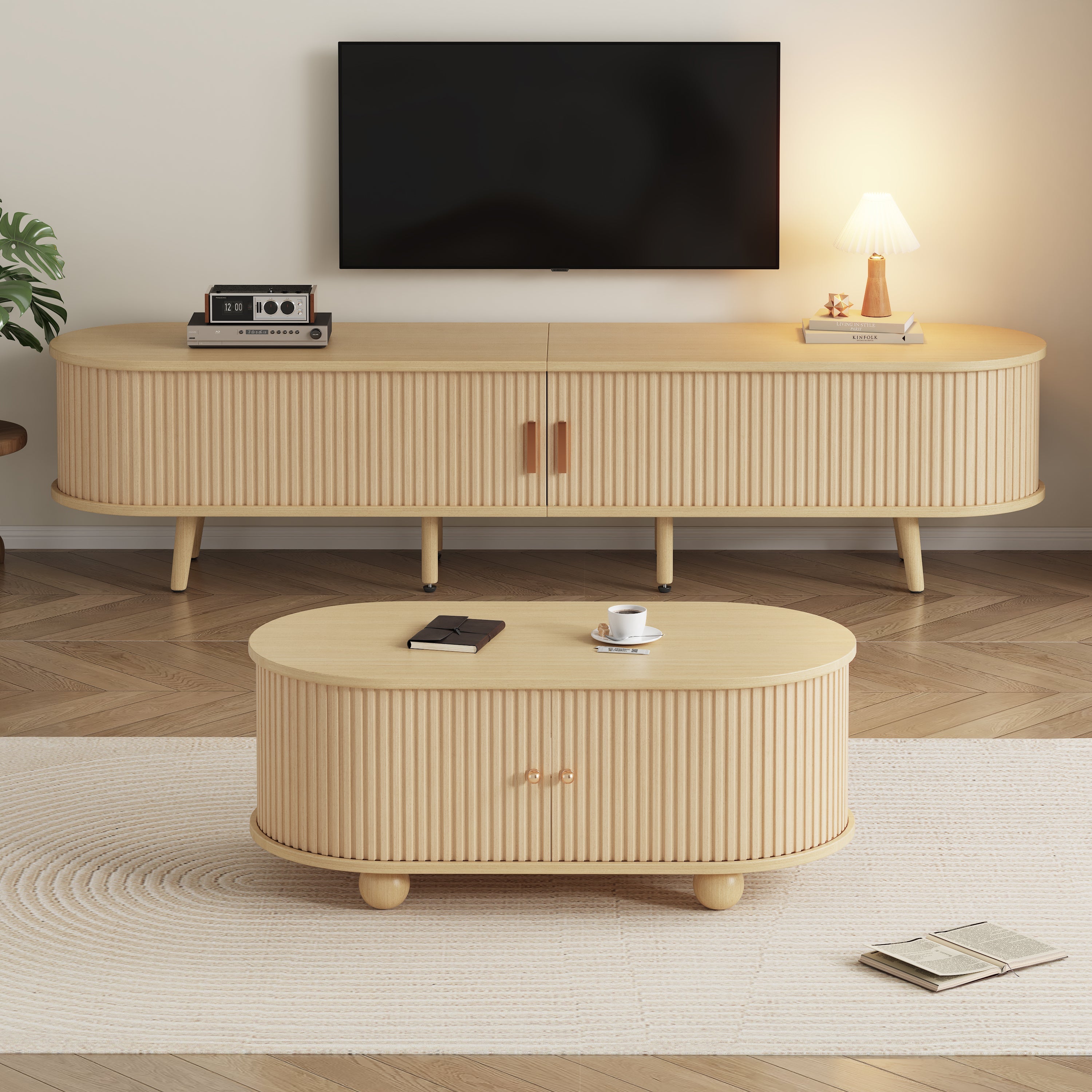 TV Cabinet & Coffee Table Set, Oval Combination Storage, Original Wood Color MDF