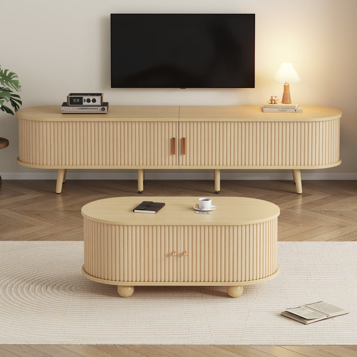 TV Cabinet & Coffee Table Set, Oval Combination Storage, Original Wood Color MDF