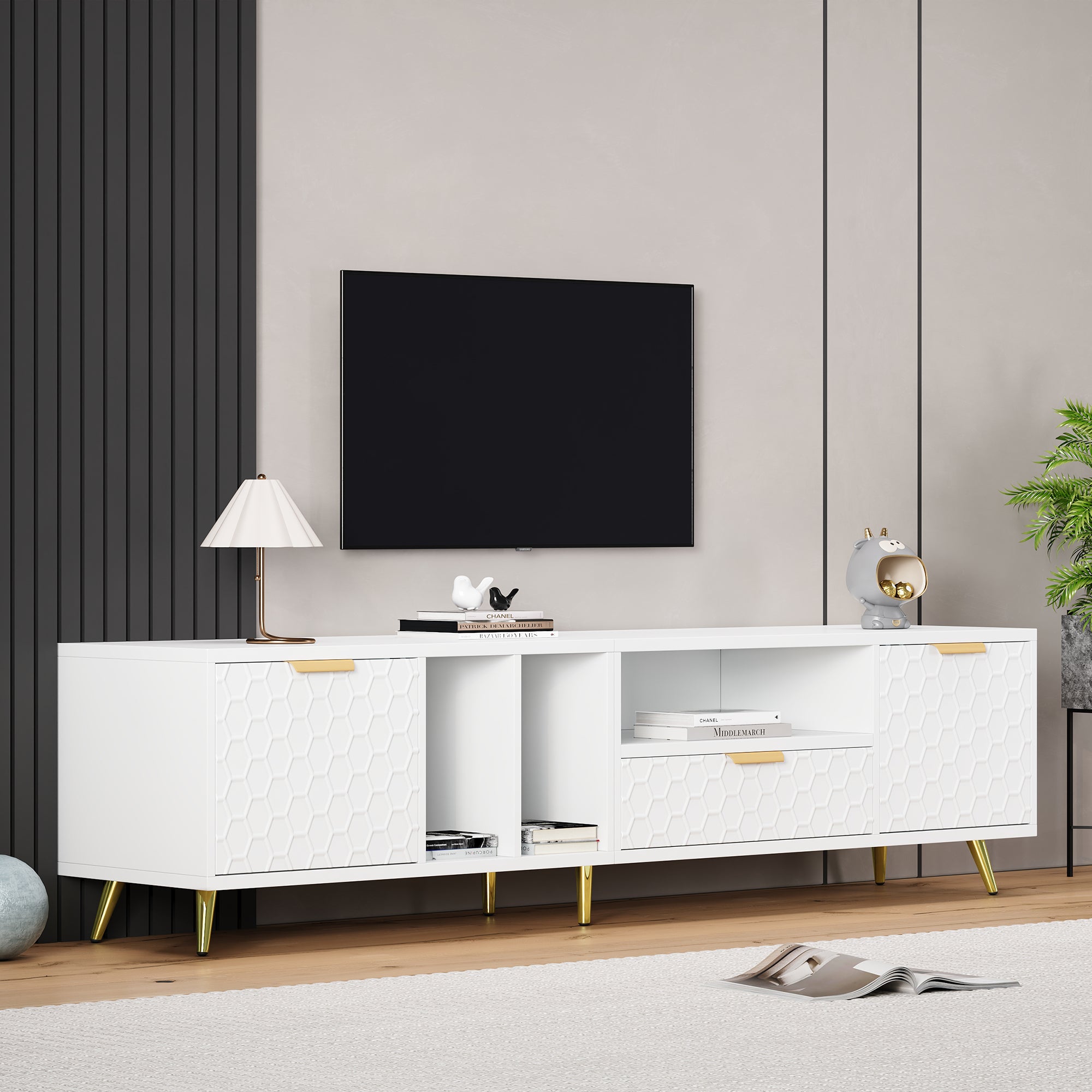 TV Stand, Vertical Honeycomb Pattern, 80-Inch TV, White