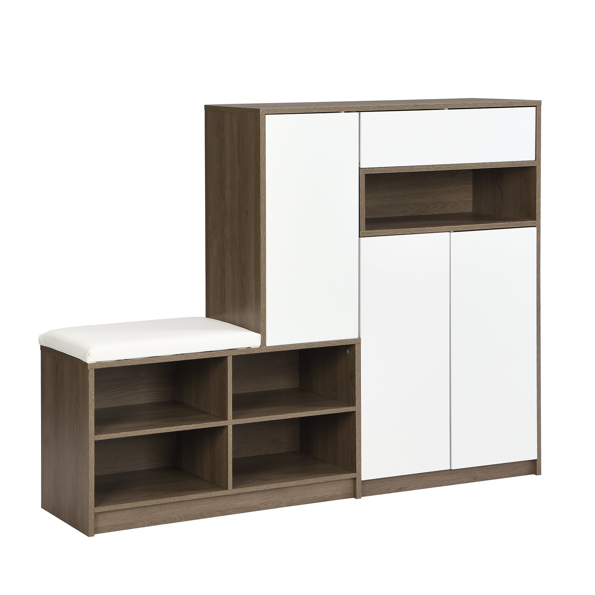 Shoe Storage Bench and Cabinet with Padded Seat, Adjustable Shelves, white