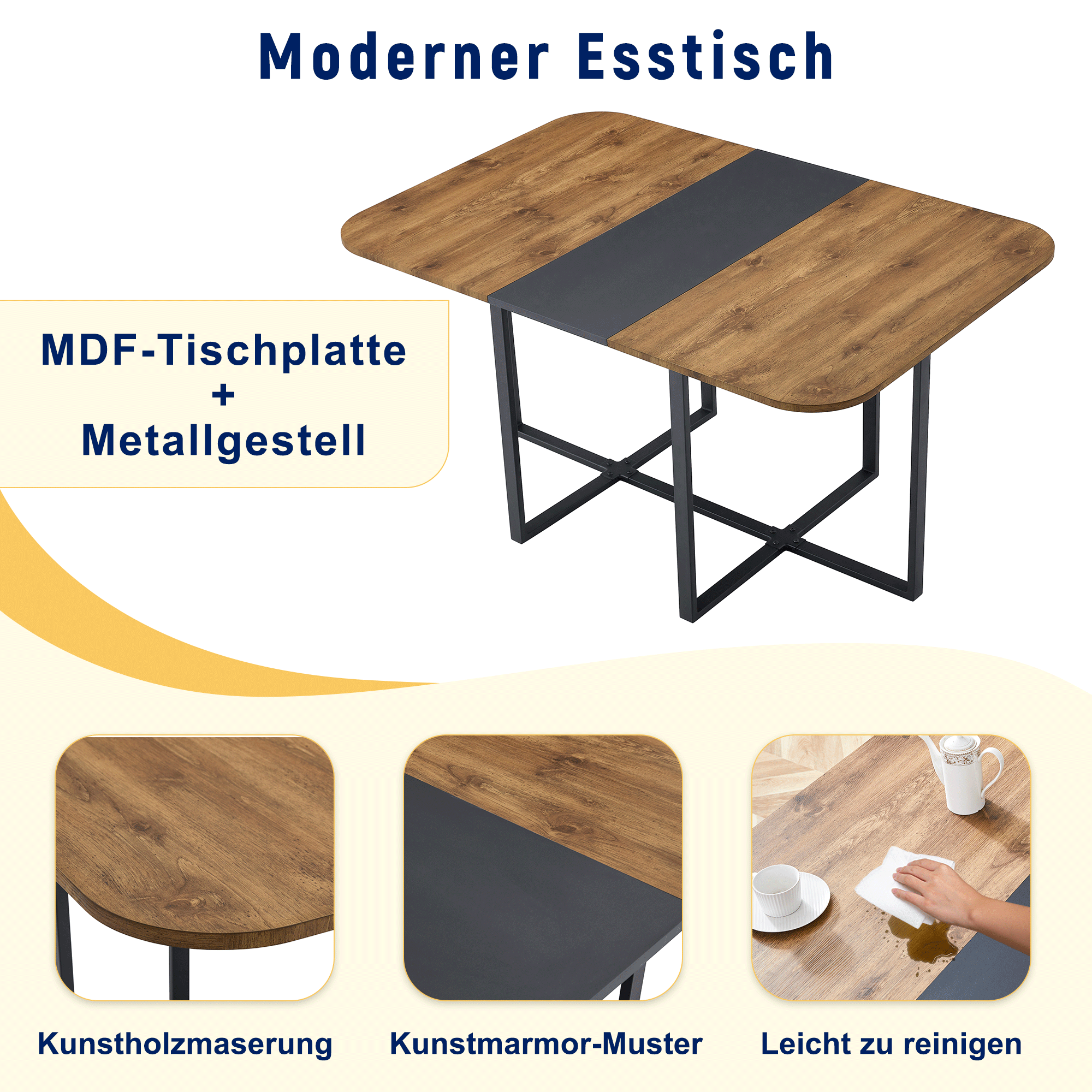 Dining Table Set Extendable Stowable Chairs 4-6 Person Wood Grain Black Metal