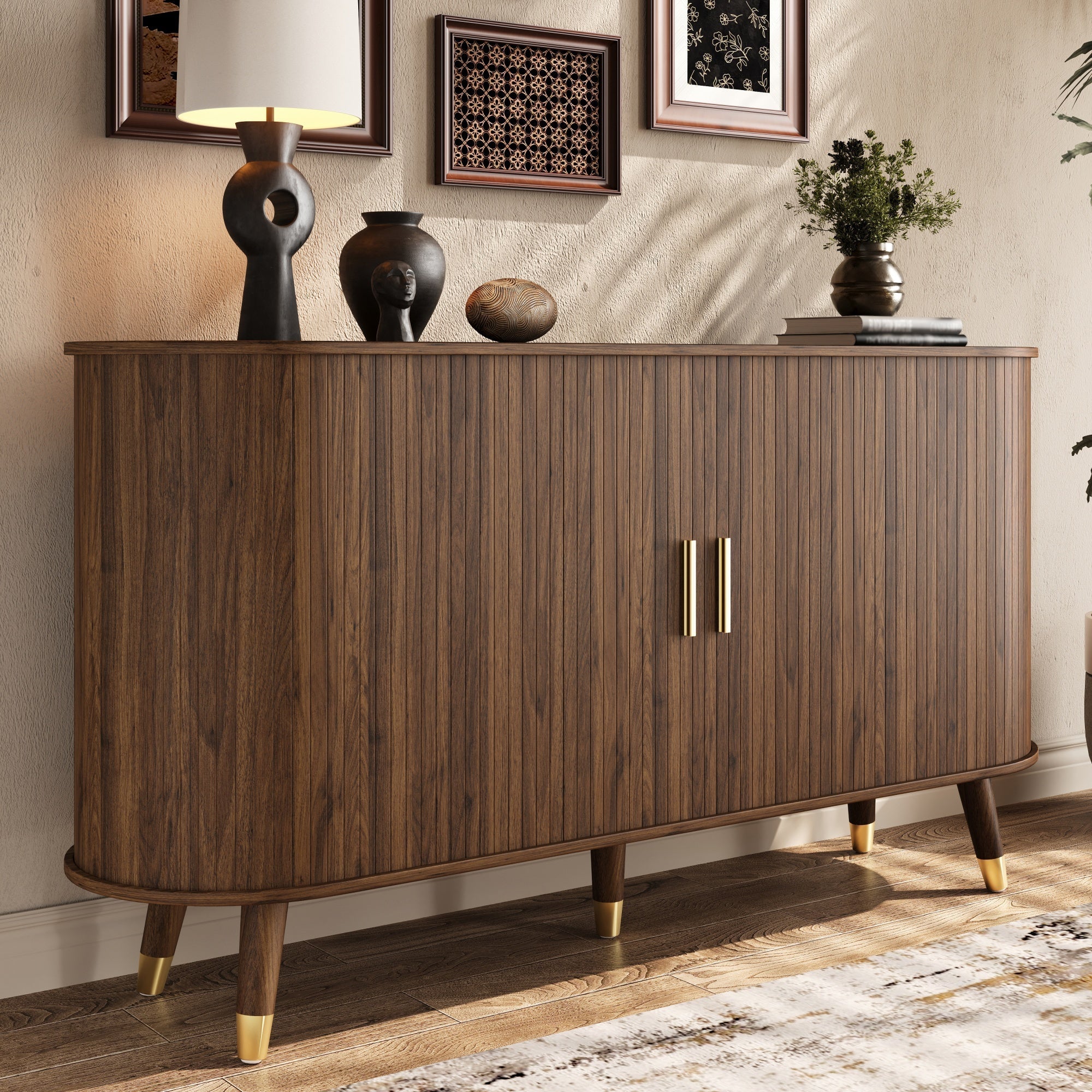 Sideboard with Sliding Doors, Drawers and Rounded Corners, Solid Wood Legs