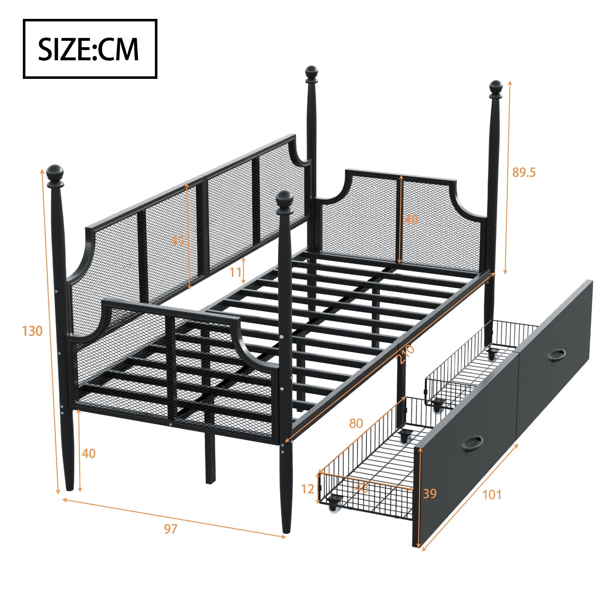 Iron Sofa Bed 90x200, Vintage Mesh with Storage, Black