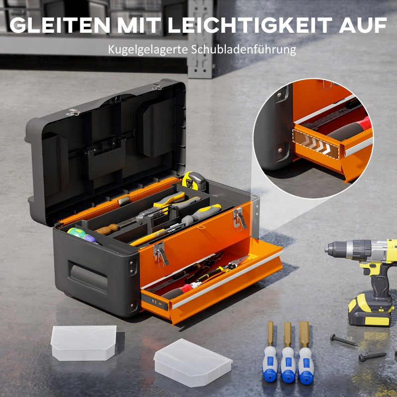 Tool Box with Drawer, Storage Compartment, Steel, Orange