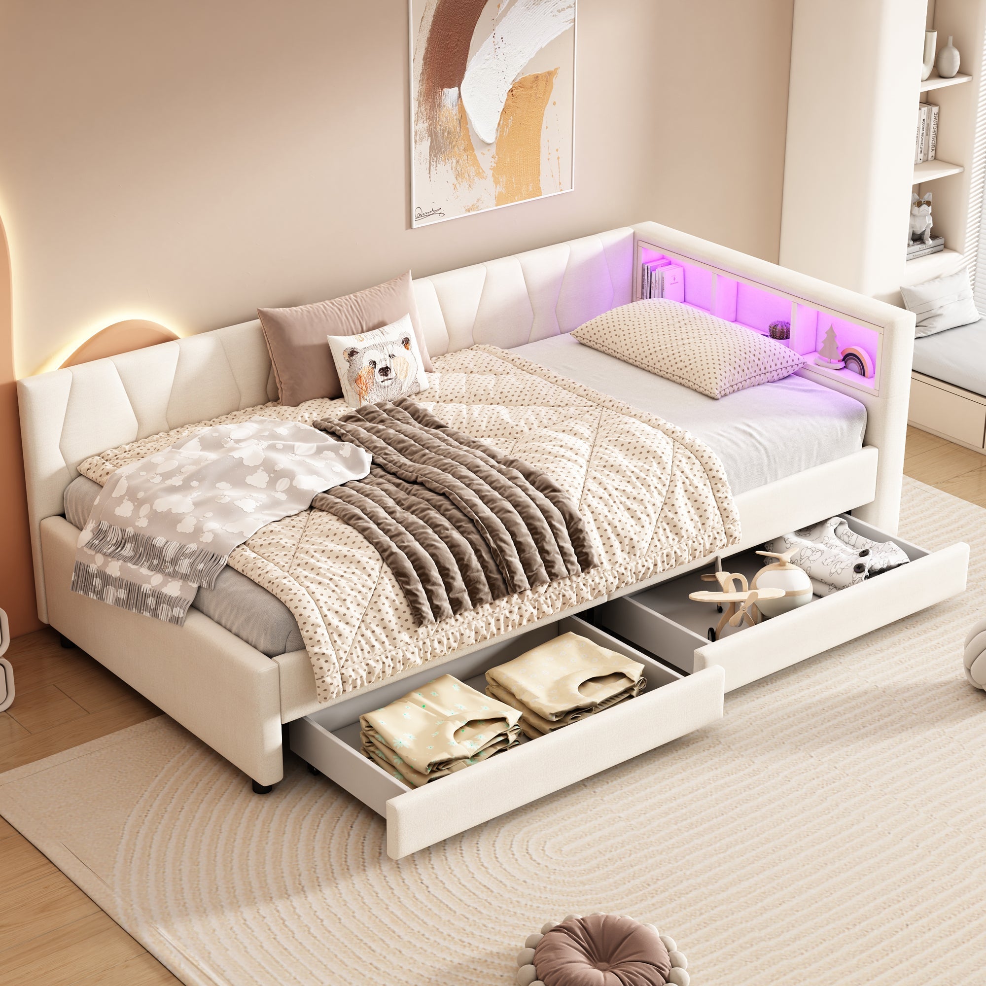 Daybed Sofa Bed 90x200cm Storage USB/Type-C LED Light 2 Drawers - Linen Beige