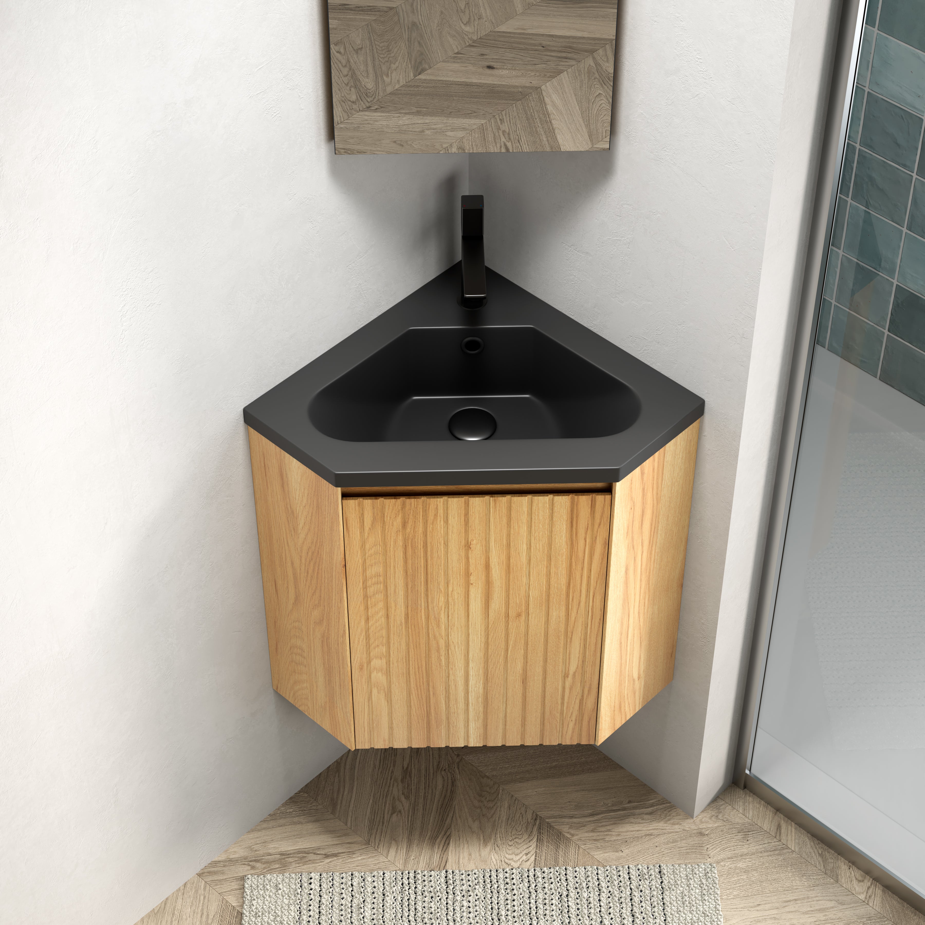 Wall-Mounted Corner Bathroom Vanity Unit with Matte Black Resin Basin, Natural Wood Grain