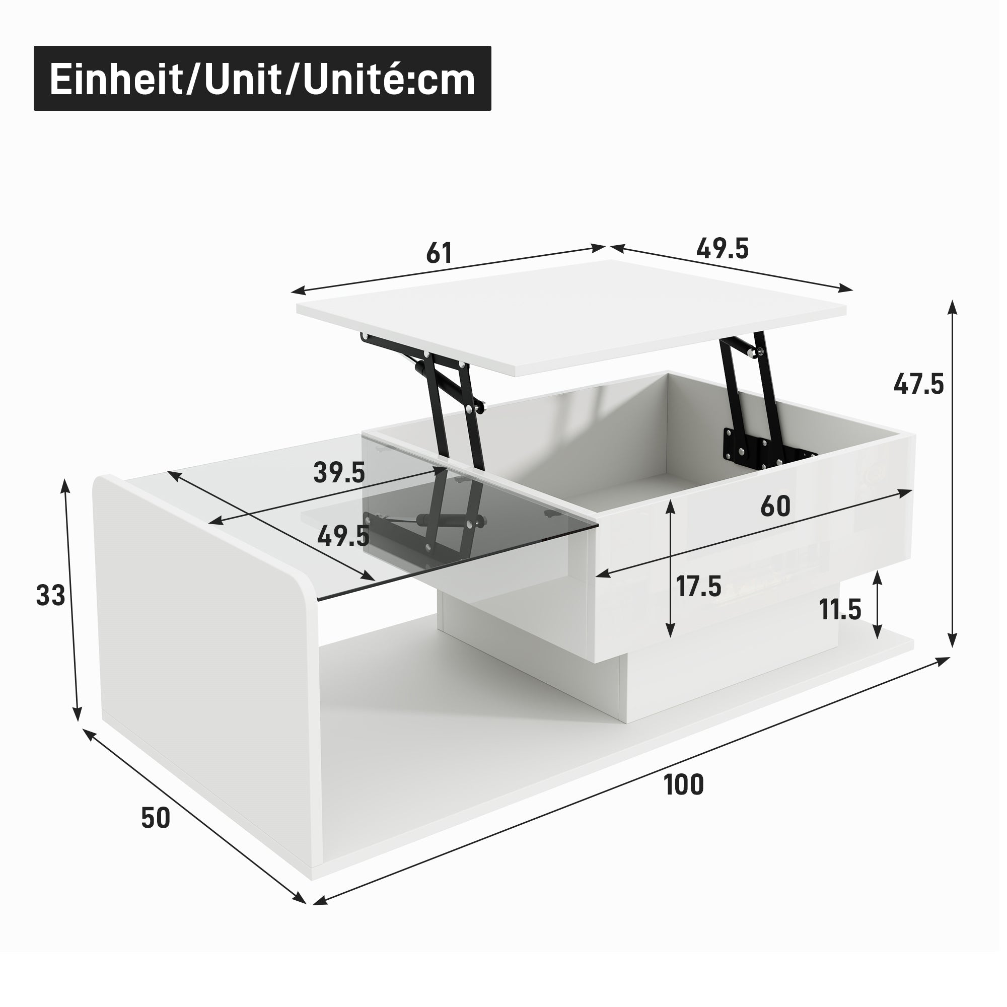 Coffee Table, Glass Top LED Effect, High-Gloss White