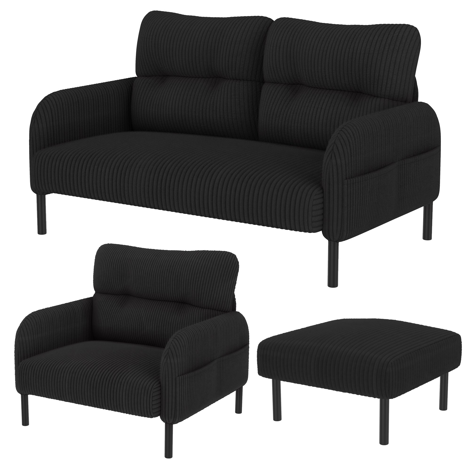 Cord 3-Piece Modular Sofa Set, Deep Seat Comfort Side Pocket, Black