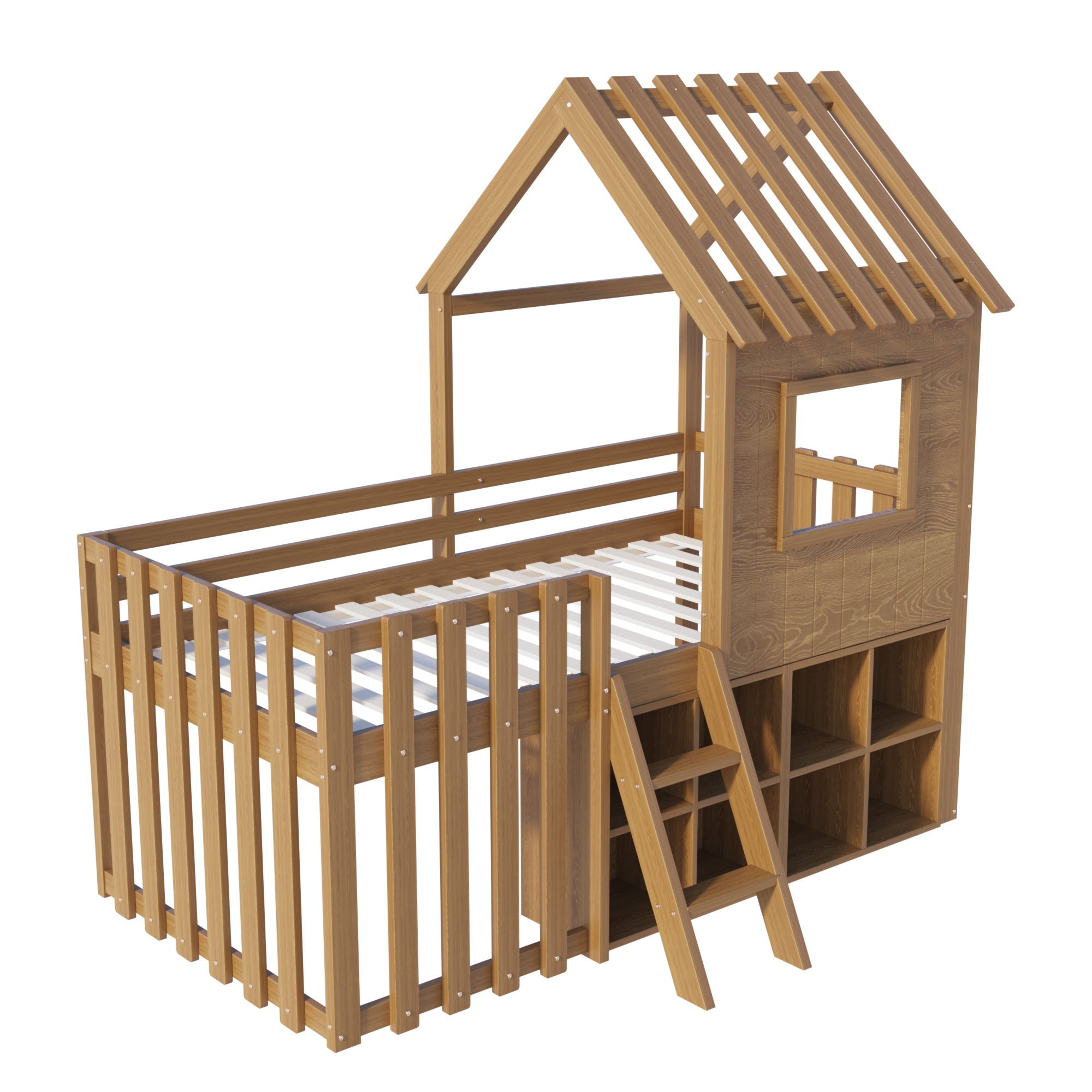 Children's House Bed 90x200 with Roof, Window, Storage & Ladder, Solid Wood