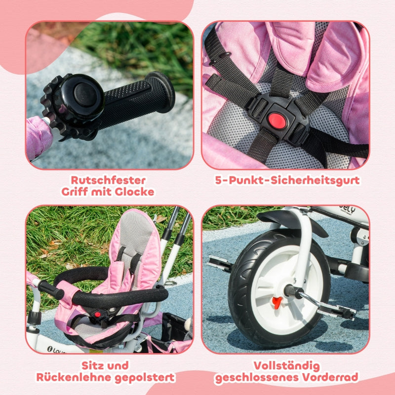 6-in-1 children's tricycle with push bar, canopy, belt, storage basket, for ages 1-5, pink